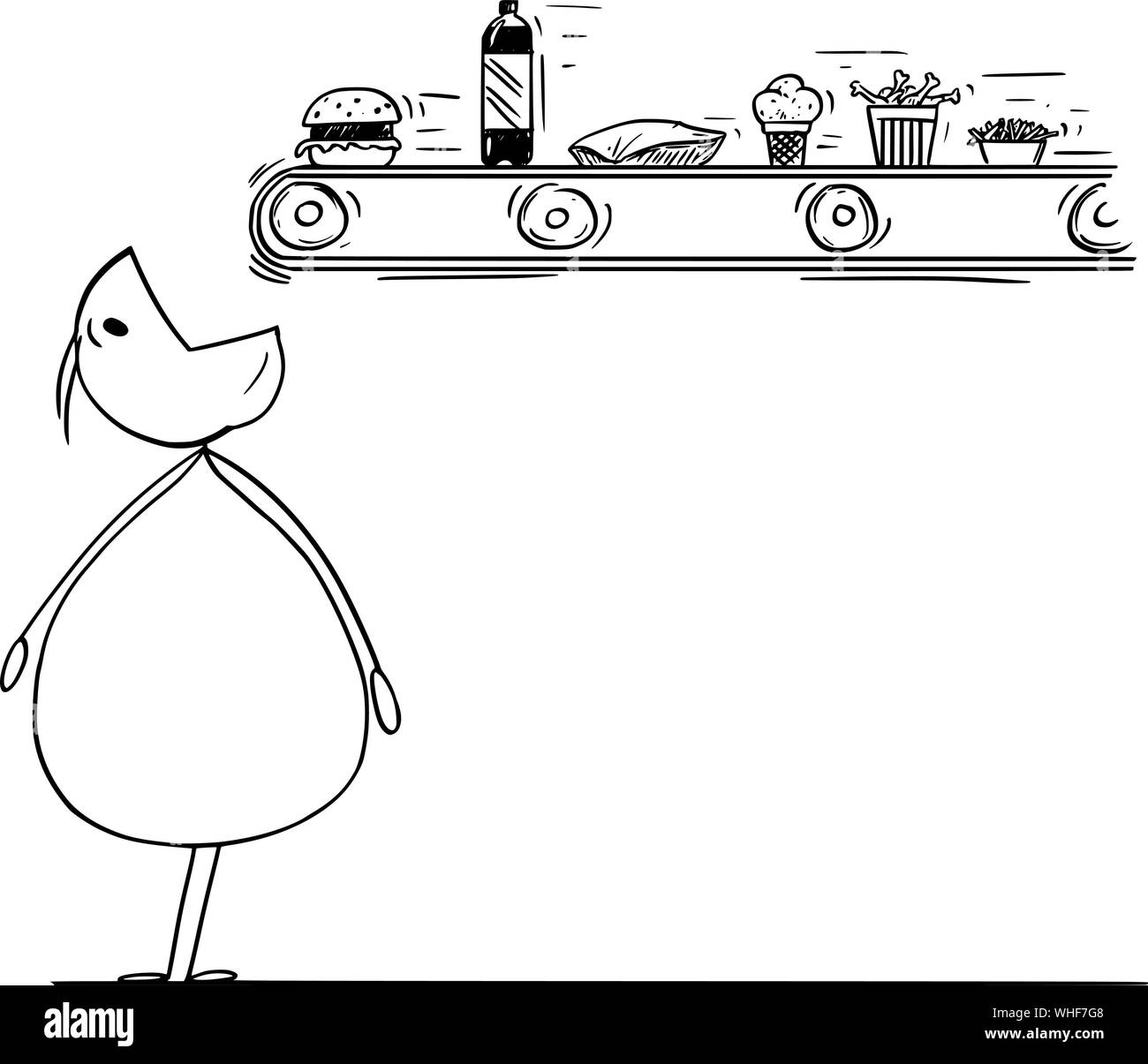 Vector cartoon stick figura disegno illustrazione concettuale del sovrappeso o fat man in attesa con la bocca aperta per insalubri o cibo spazzatura caduta dal nastro trasportatore. Illustrazione Vettoriale