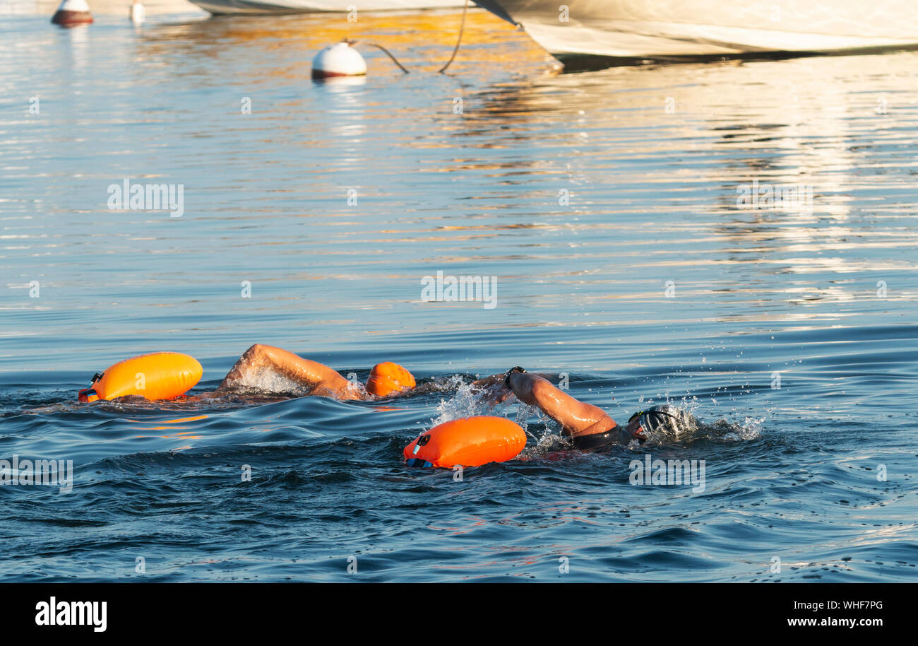 Due donne stanno ottenendo il loro esercizio mattutino nel nuoto passato barche ormeggiate indossando arancione boe di sicurezza legate alla loro vita. Foto Stock