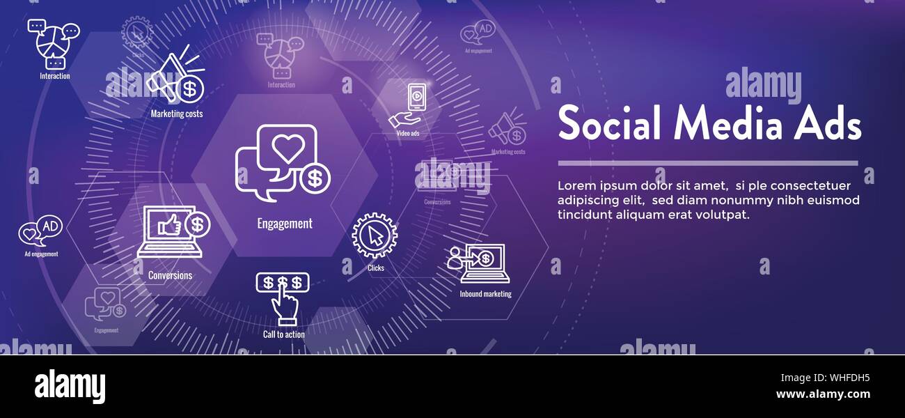 Social Media Annunci Icon Set con Web Banner di intestazione Illustrazione Vettoriale