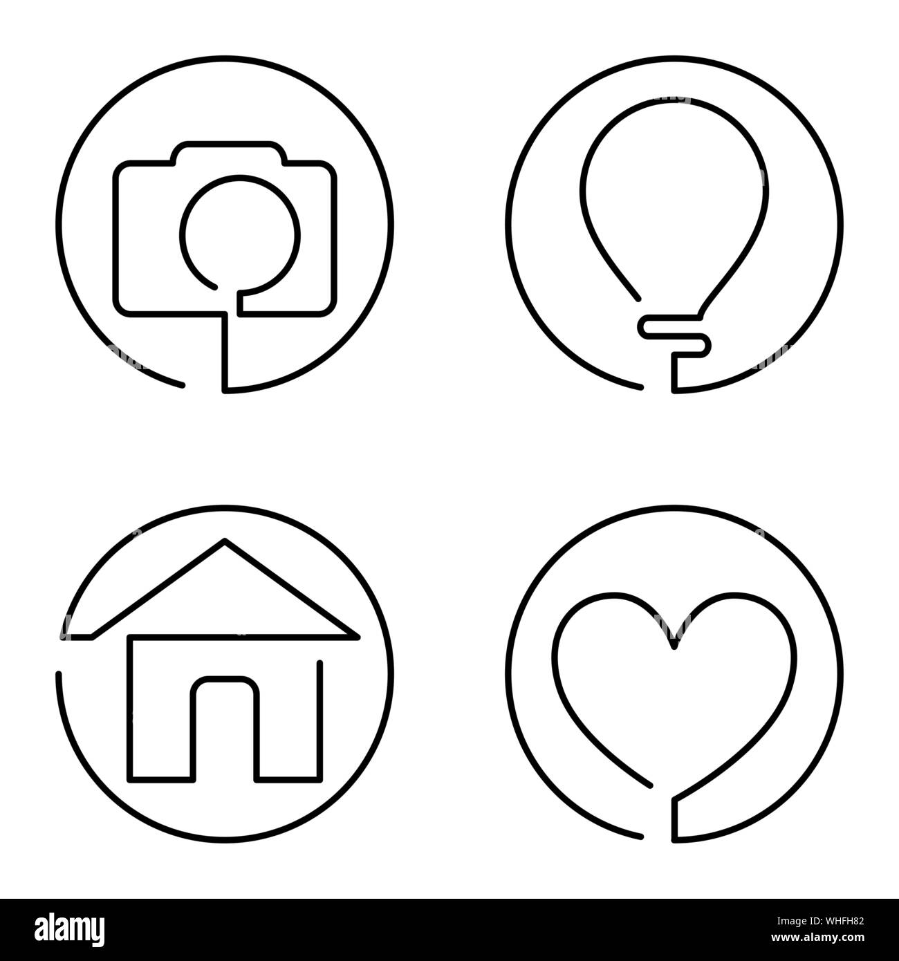 Set di linea continua logo su sfondo bianco, fotocamera, lampadina, house, cuore Illustrazione Vettoriale