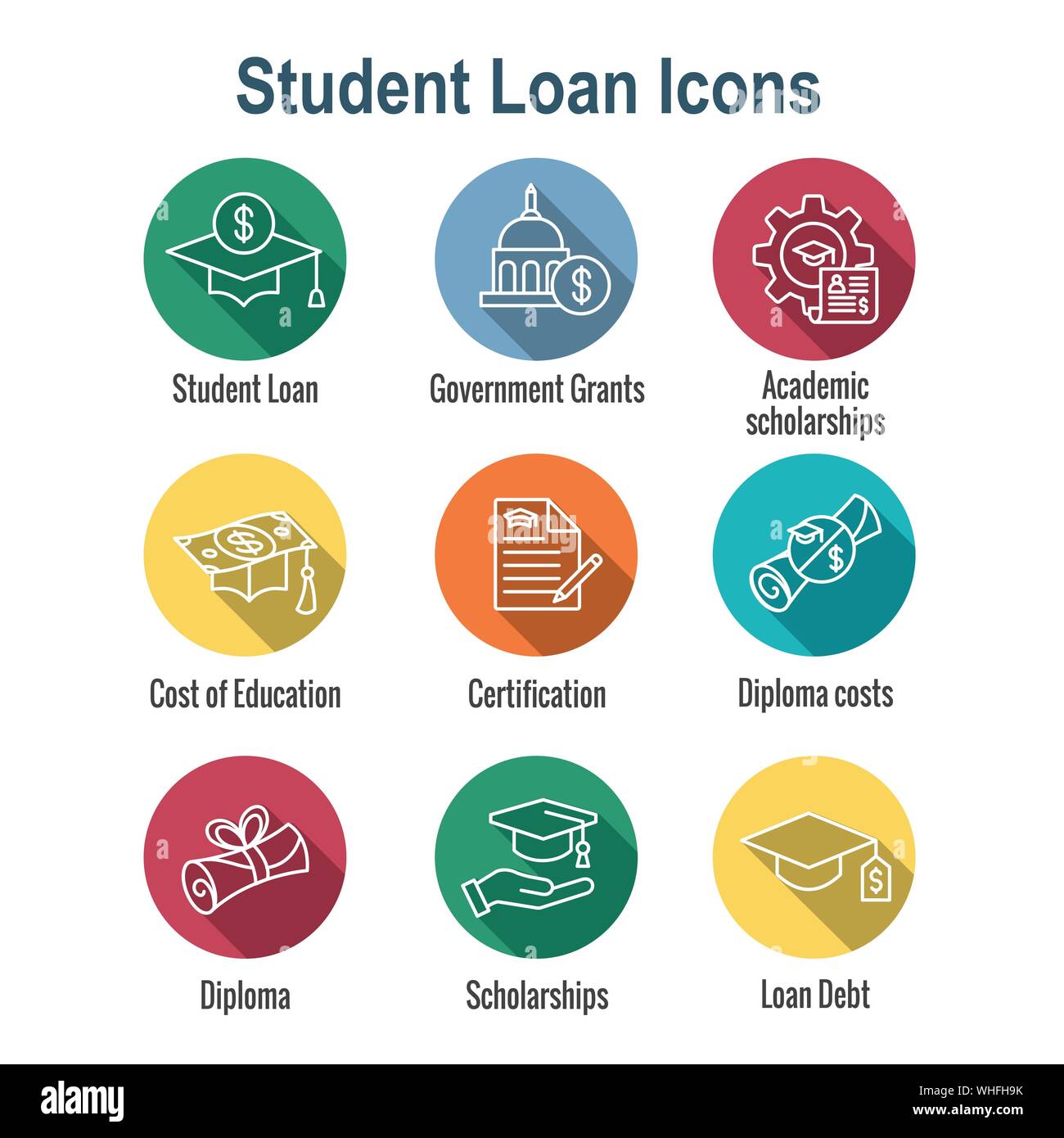 Prestiti per studenti Icon Set - Borse di studio accademico e il Debito e immagini Illustrazione Vettoriale