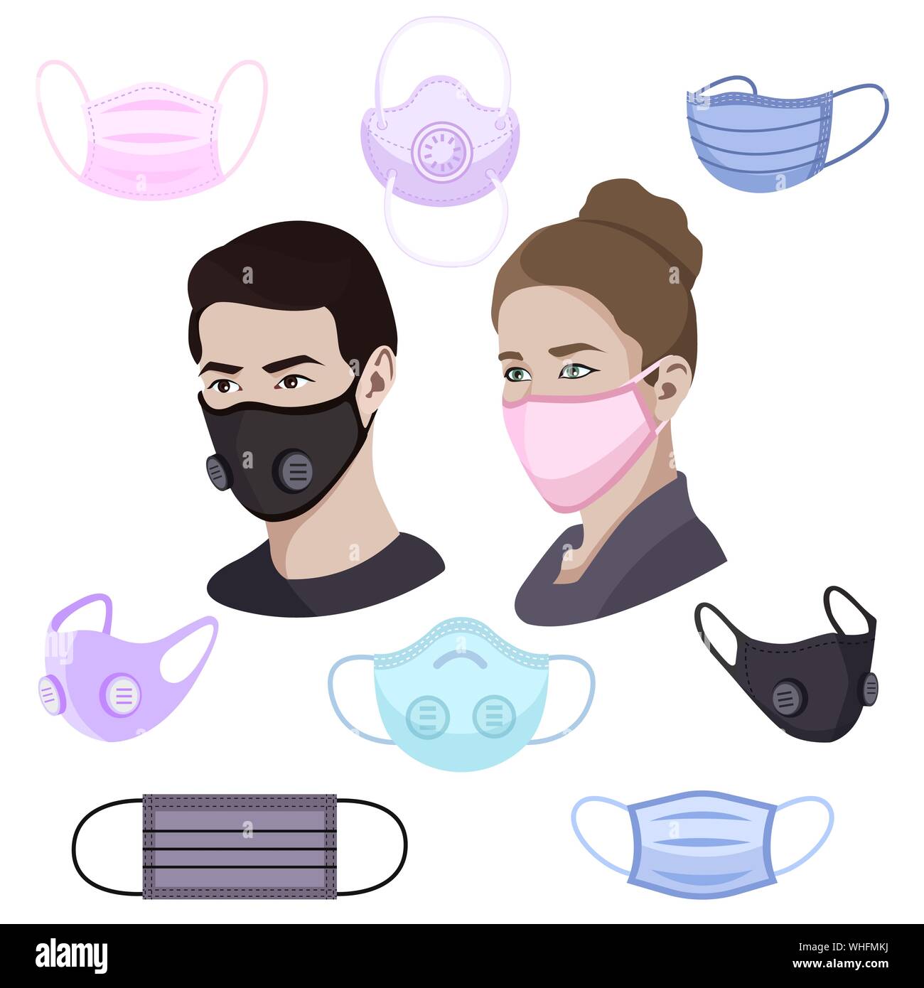 Colorato inquinamento atmosferico maschere viso set, l uomo e la donna che indossa la maschera medico Illustrazione Vettoriale