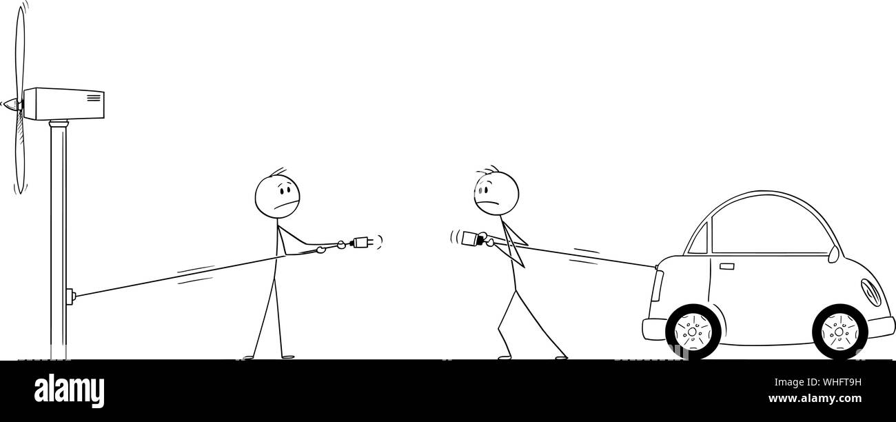 Vector cartoon stick figura disegno illustrazione concettuale di due uomini in grado di collegare i cavi per la ricarica di auto elettriche e impianti eolici. Concetto di potenza insufficiente infrastruttura di linea. Illustrazione Vettoriale