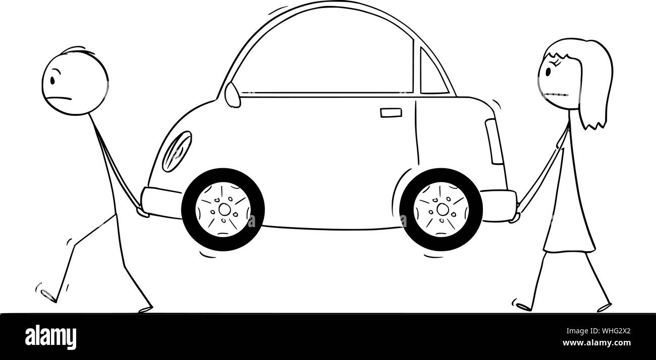 Vector cartoon stick figura disegno illustrazione concettuale di un uomo e di una donna che porta broken auto o auto di carburante o di energia elettrica. Illustrazione Vettoriale