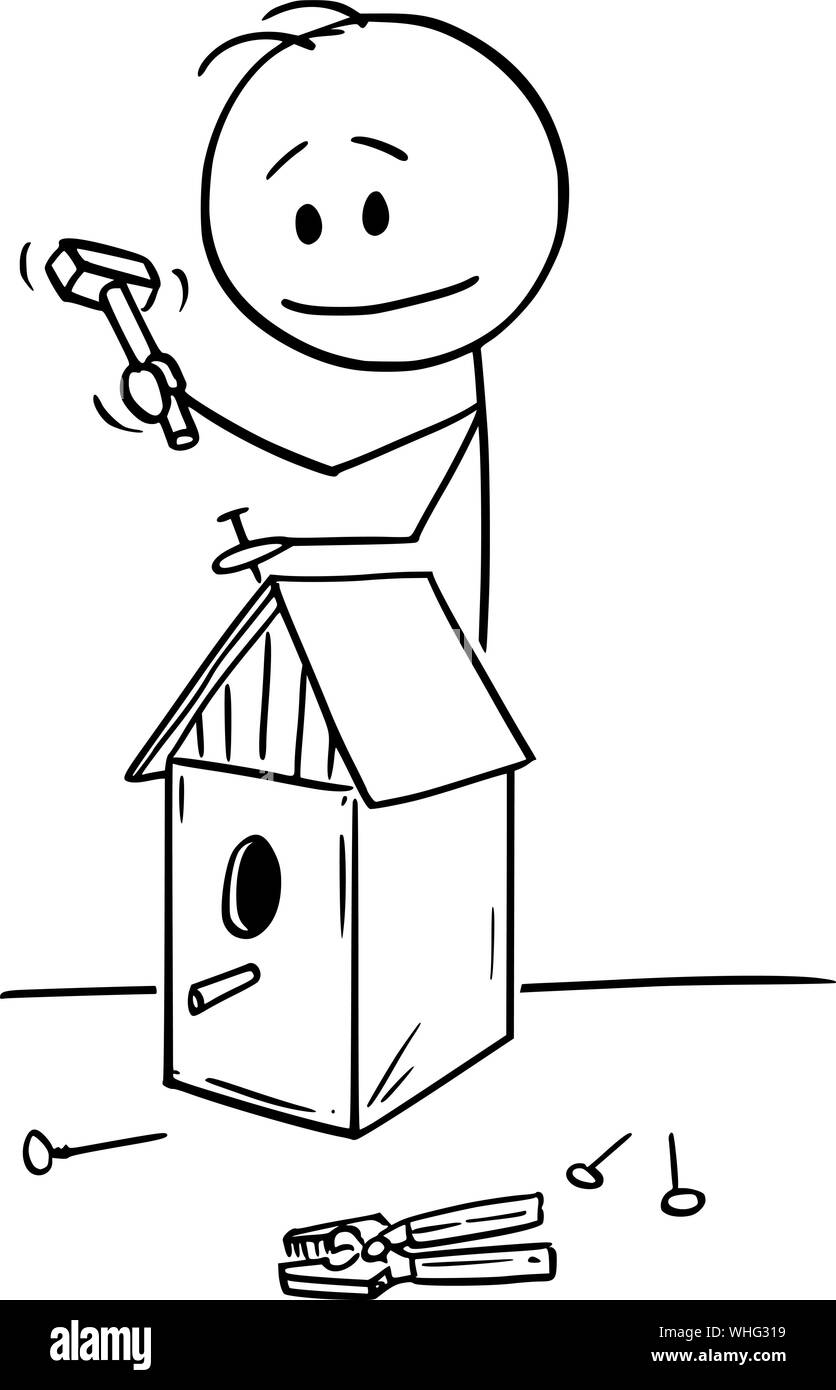 Vector cartoon stick figura disegno illustrazione concettuale dell'uomo costruire birdhouse per uccelli con utensili a mano come il martello e chiodi in officina. Illustrazione Vettoriale Vector cartoon stick figura disegno illustrazione concettuale dell'uomo costruire birdhouse per uccelli con utensili a mano come il martello e chiodi in officina. Illustrazione Vettoriale