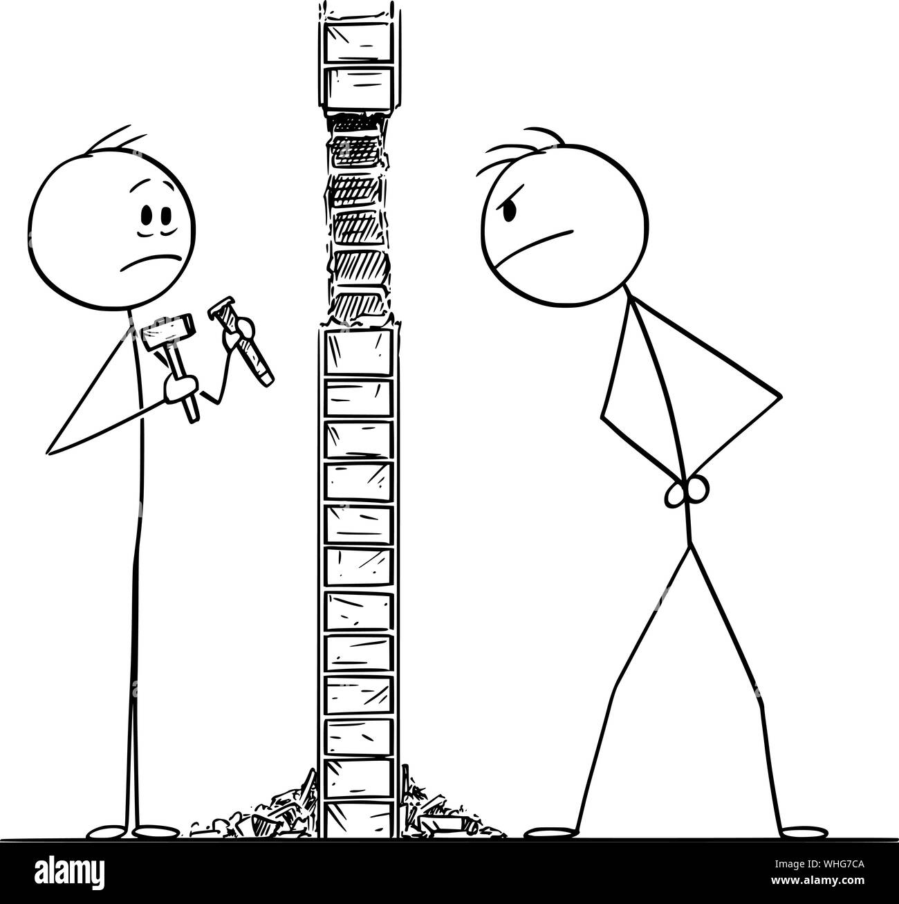 Vector cartoon stick figura disegno illustrazione concettuale dell'uomo con martello e scalpello,che bussano un foro nella parete per il suo prossimo appartamento durante la riparazione della casa. Illustrazione Vettoriale