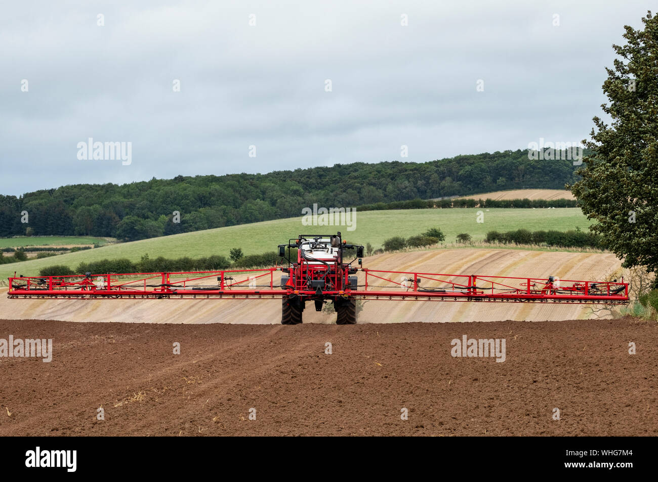 Trattore con irroratrice raccolto attaccato la spruzzatura di un campo vicino a Kelso, Scottish Borders. Foto Stock