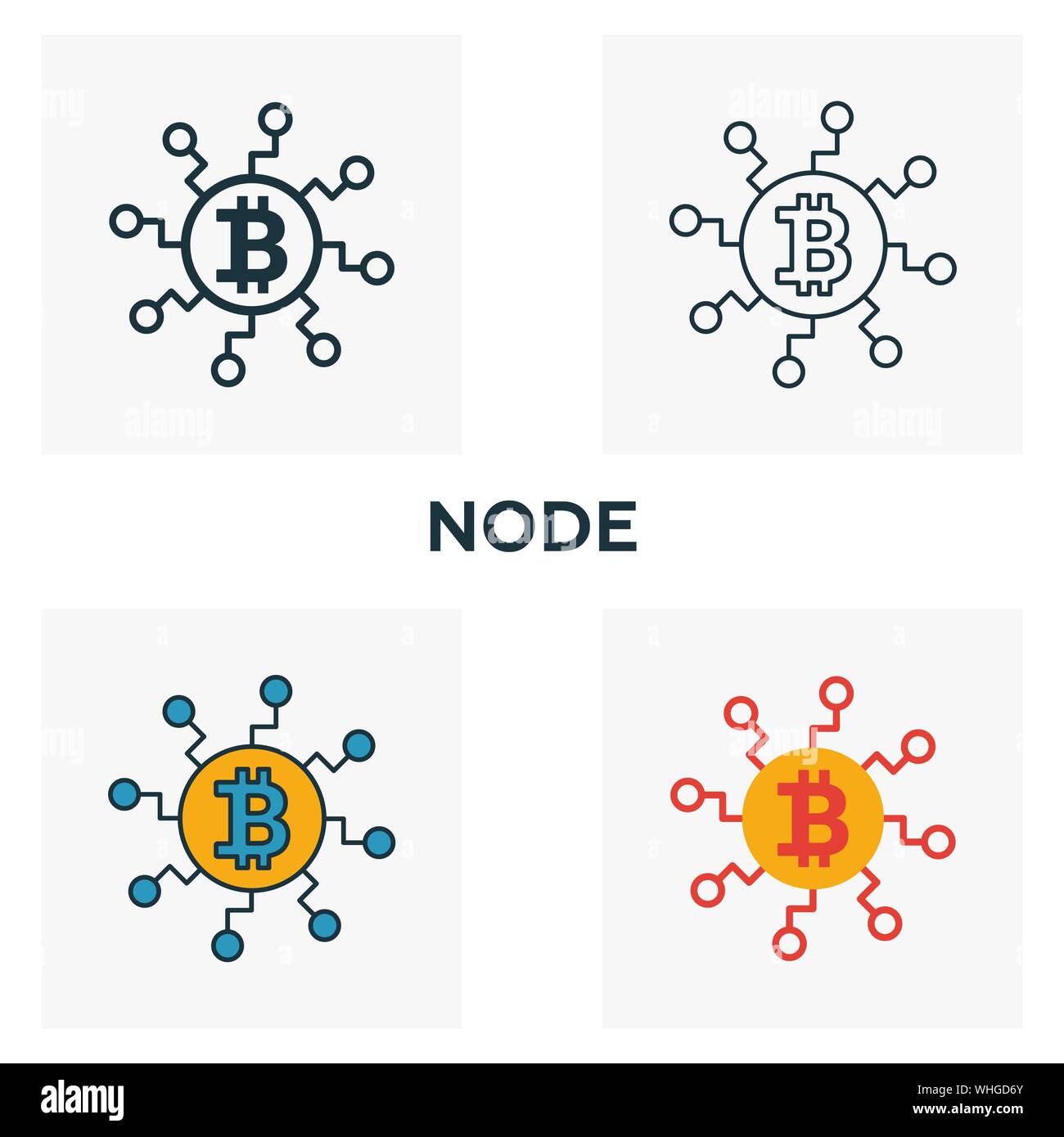 Il nodo icon set. Quattro elementi in diversi stili dal crypto valuta Raccolta di icone. Nodo di Creative icone riempito, del contorno colorato e simboli di Piana Illustrazione Vettoriale