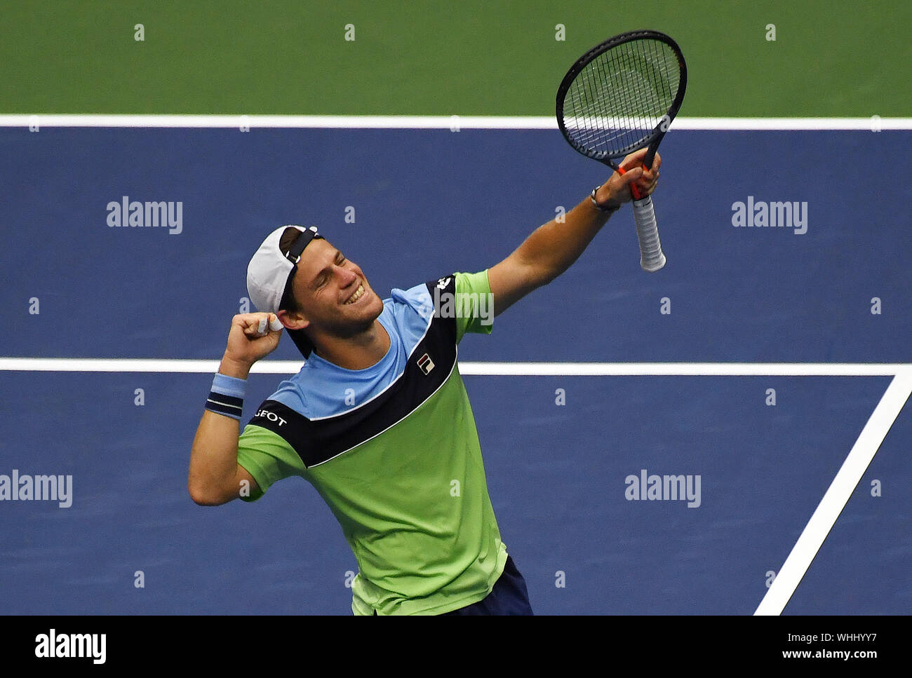 Flushing Meadows New York US Open Tennis Day 5 01/09/2019 Diego Schwartzman (ARG) celebra come egli vince il quarto round match foto Roger Parker International Sports Fotos Ltd/Alamy Live News Foto Stock