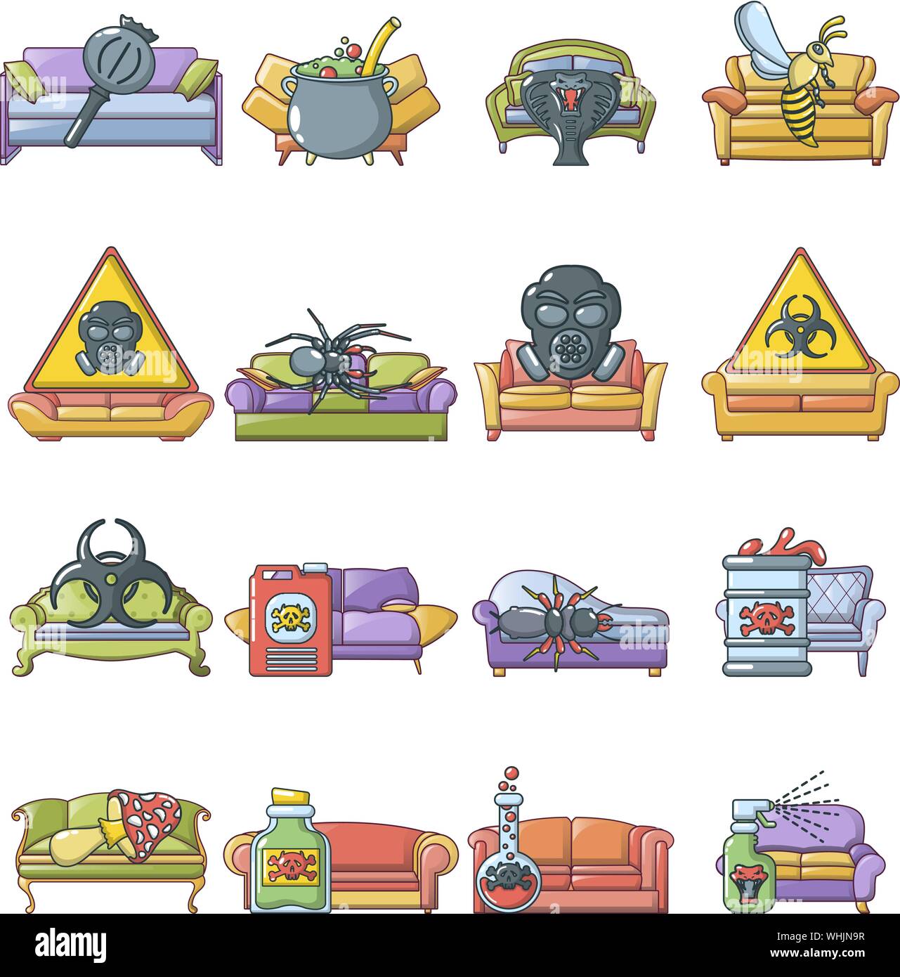 Disinfezione di set di icone, stile cartoon Illustrazione Vettoriale
