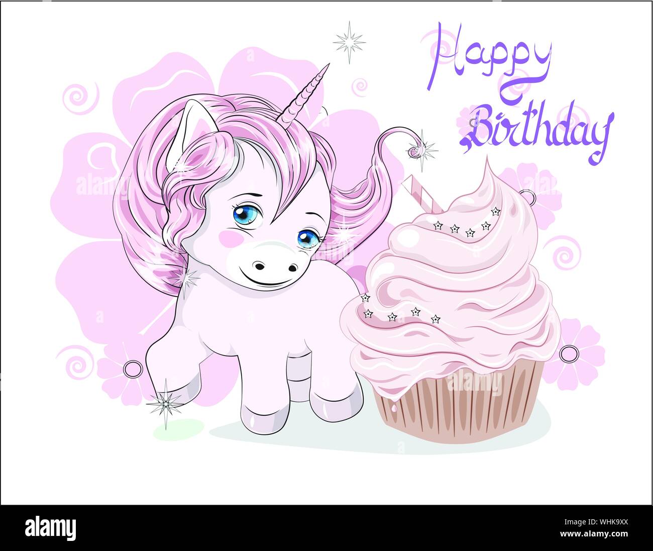 Funny little pony unicorn con capelli lunghi e tortina, buon compleanno card Illustrazione Vettoriale