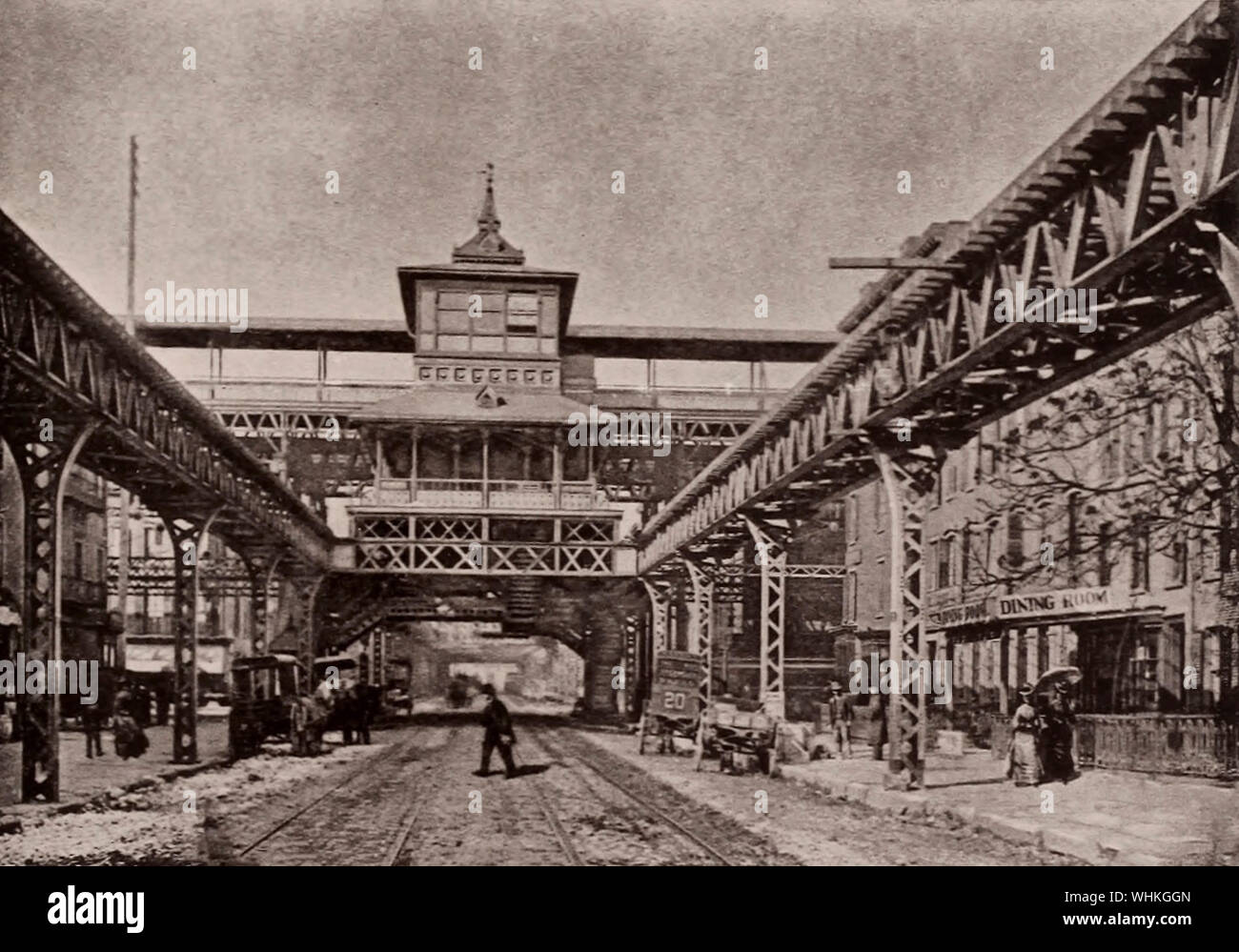 Ferrovia sopraelevata, Seconda Avenue e la 34th Street, New York City, circa 1891 Foto Stock