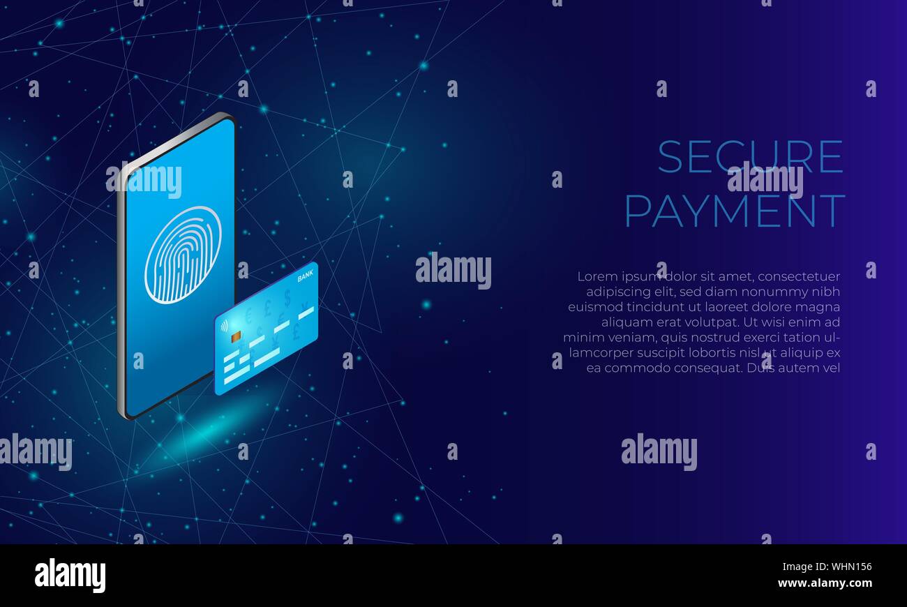 Blu telefono isometrica con impronta digitale e la carta di credito come un concetto di fissare i pagamenti online e transazioni di e-commerce e banking. Illustrazione Vettoriale