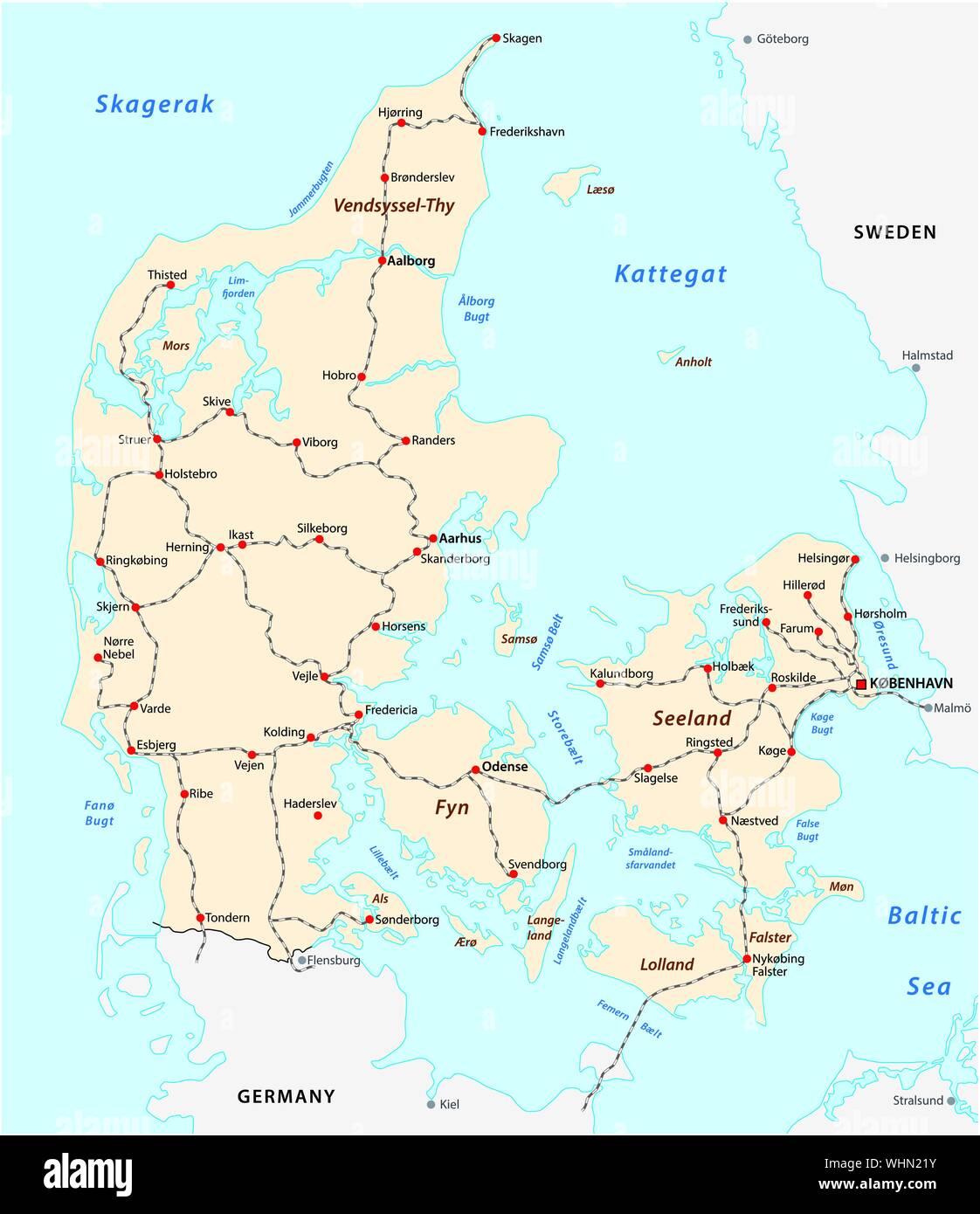 Mappa dei principali i binari della ferrovia in Danimarca Illustrazione Vettoriale