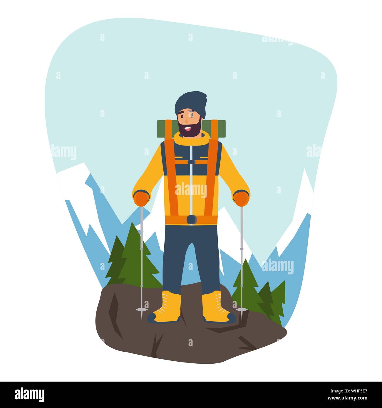 Cartoon scalatore con bastoncini da trekking in mano e in piena marcia per un escursione in montagna. Il concetto di sport e di concorrenza. Design piatto style Illustrazione Vettoriale