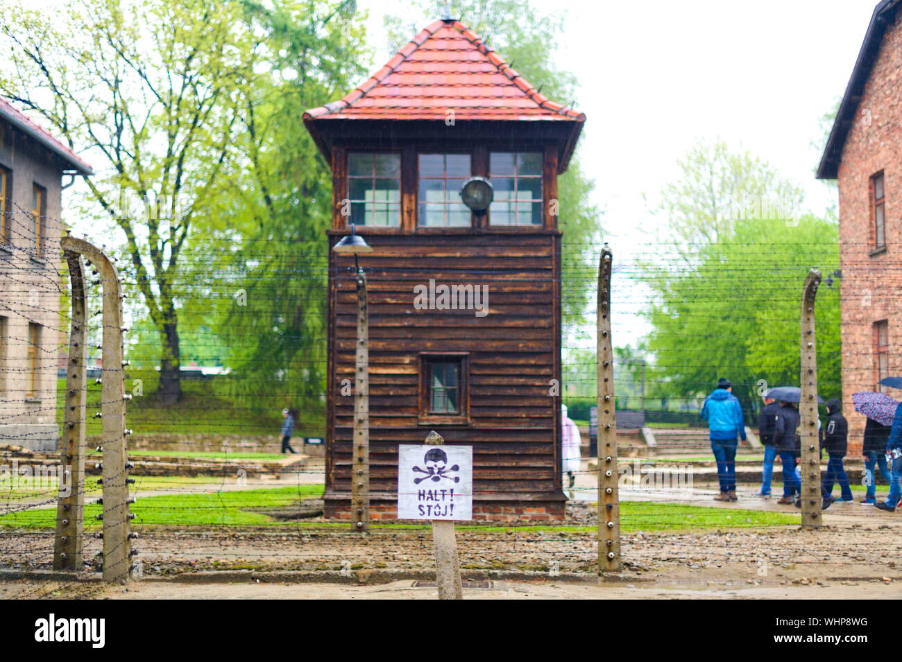 Torre panoramica presso il campo di concentramento di Auschwitz a Oświęcim, Polonia Foto Stock