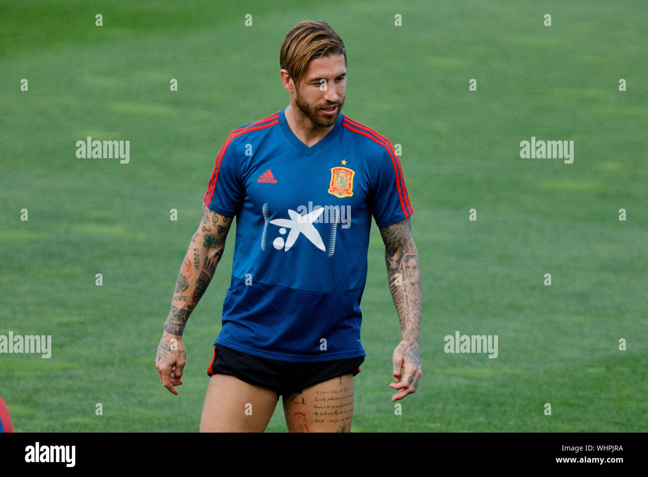 Las Rozas, Spagna. 02Sep, 2019. Sergio Ramos visto durante una sessione di formazione per la nazionale spagnola di calcio a Ciudad del Futbol in Las Rozas. Credito: SOPA Immagini limitata/Alamy Live News Foto Stock