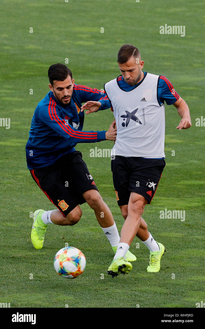 Las Rozas, Spagna. 02Sep, 2019. Dani Ceballos e Jordi Alba sono visto durante una sessione di formazione per la nazionale spagnola di calcio a Ciudad del Futbol in Las Rozas. Credito: SOPA Immagini limitata/Alamy Live News Foto Stock