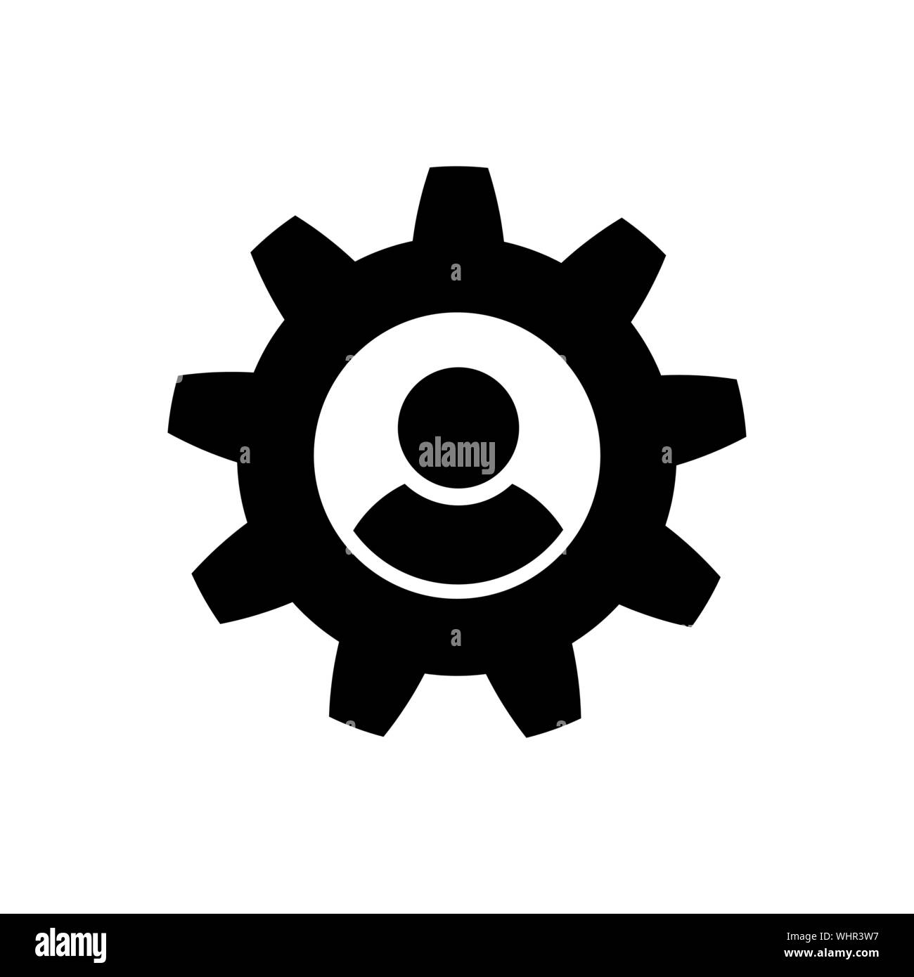 Uomo e cog icon in stile appartamento. Processo simbolo piatta isolati su sfondo bianco. Uomo e icona a ingranaggio. Abstract semplice icona processo in nero. Mal di vettore Illustrazione Vettoriale