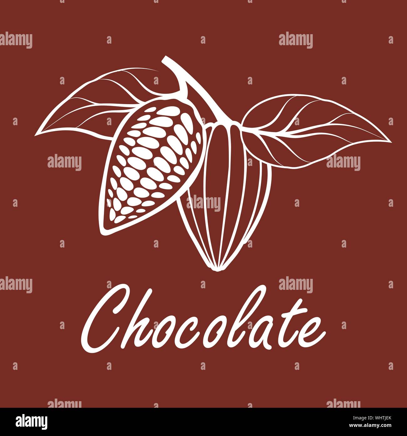Le fave di cacao con foglie su sfondo marrone. Illustrazione Vettoriale. Illustrazione Vettoriale