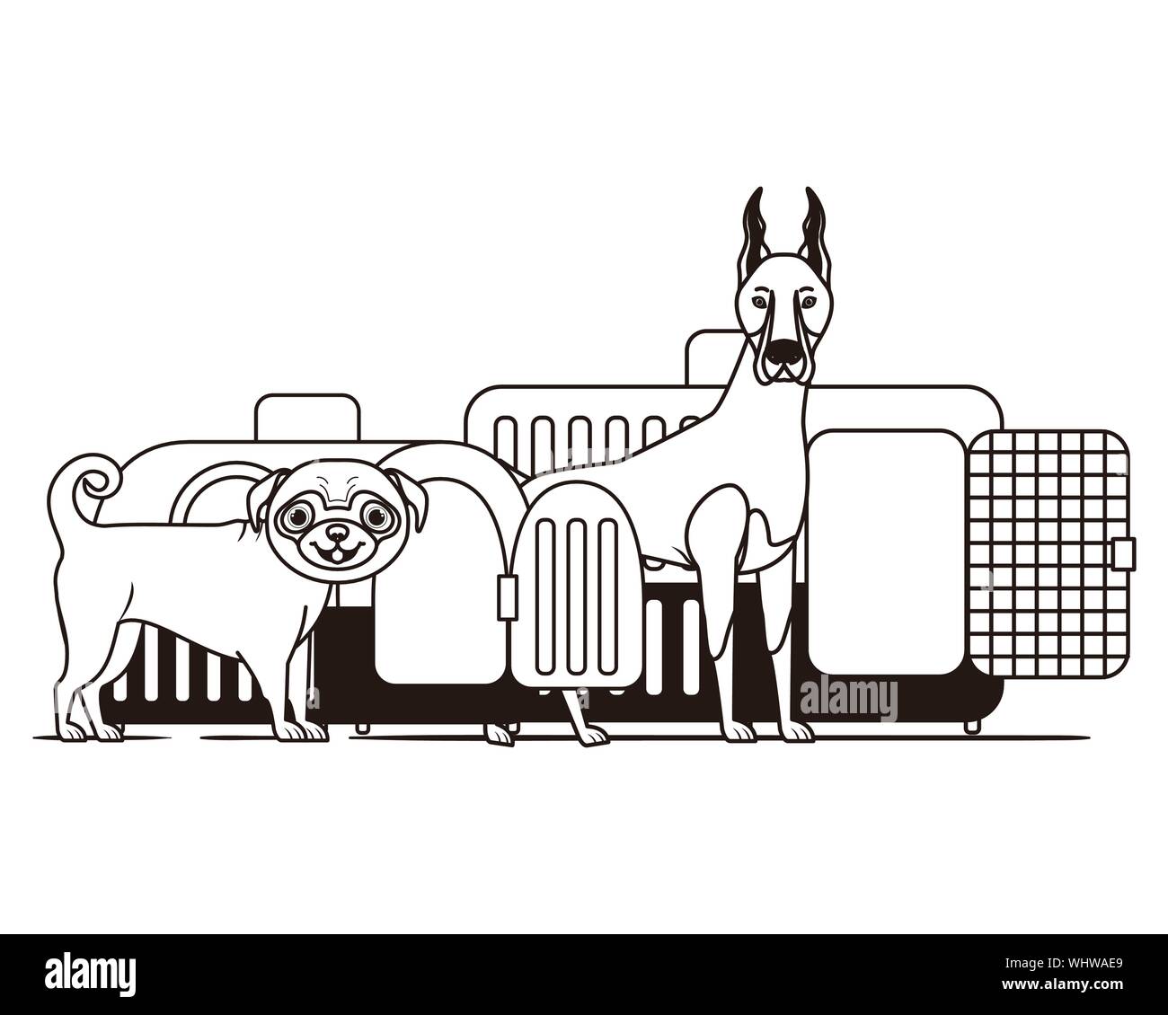 Silhouette di cani e animali scatole di trasporto su sfondo bianco Illustrazione Vettoriale