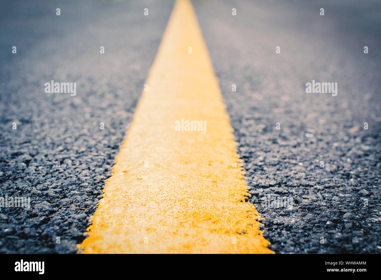 Close-up di giallo la segnaletica stradale sulla strada Foto Stock