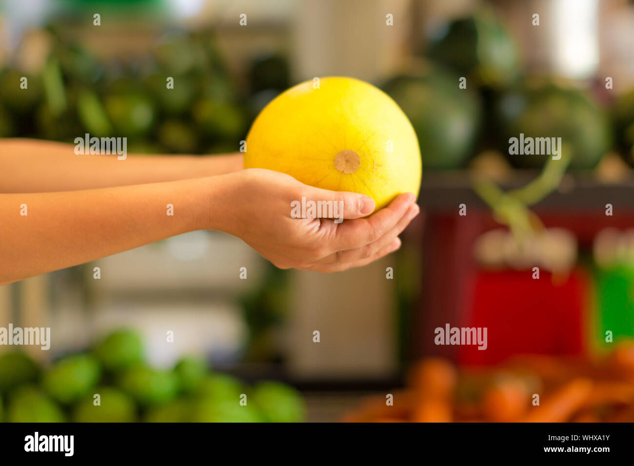 Mani femminili tenendo premuto fino a canary melone giallo nella parte anteriore di una frutta stand presso il locale negozio di alimentari. Salute e nutrizione concetto. Foto Stock
