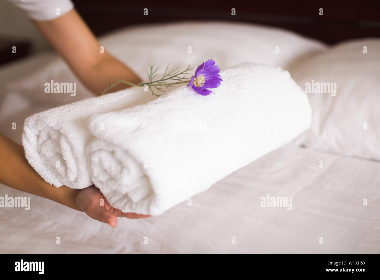 House keeper posti asciugamani su un pulito letto bianco per il servizio in camera. Foto Stock