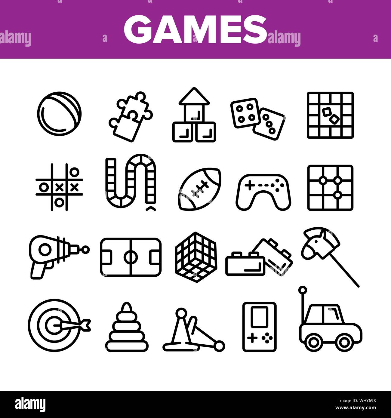 Interactive Giochi Bambini vettore di linea sottile set di icone Illustrazione Vettoriale