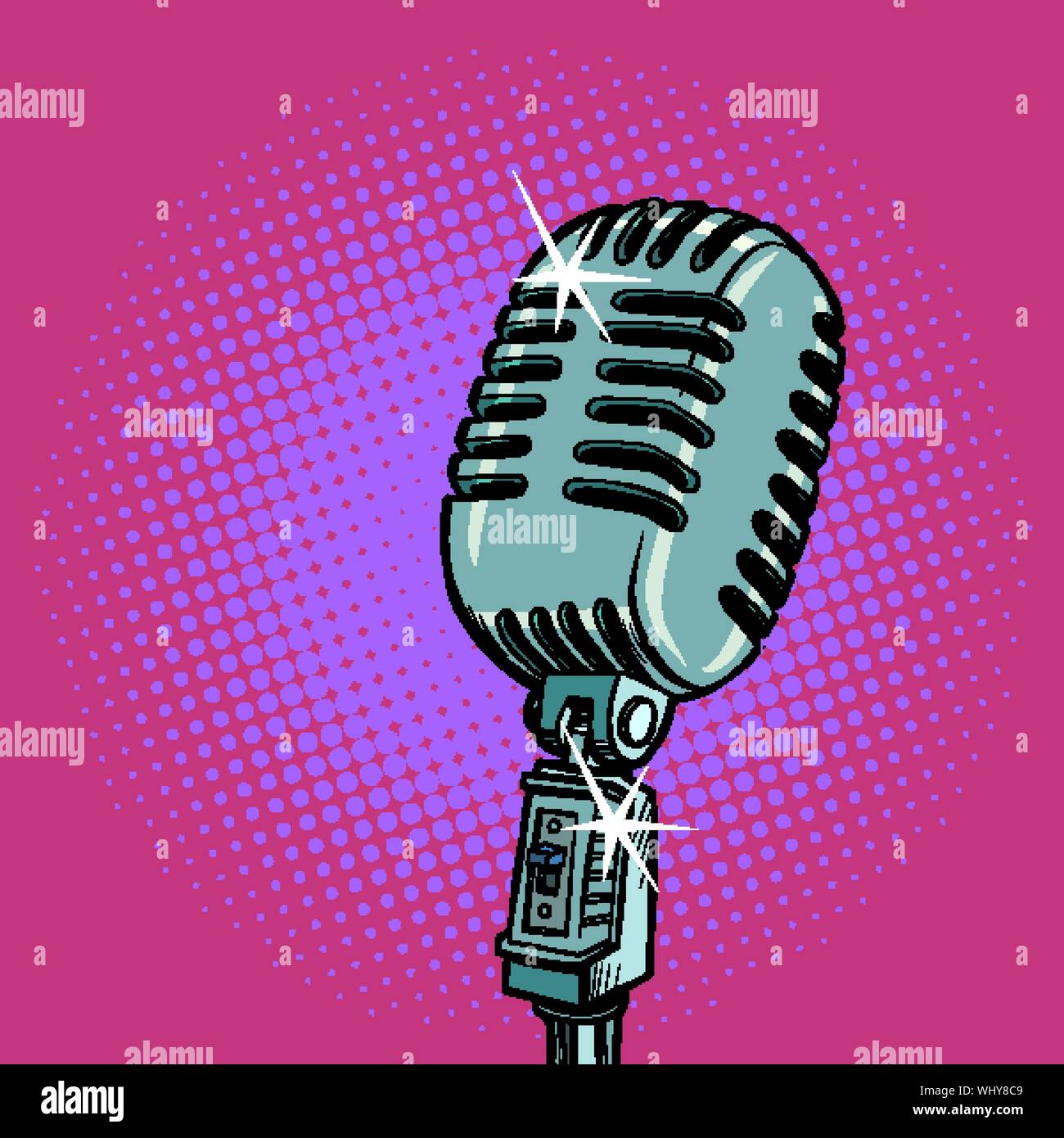 Vintage microfono retrò. Musica concerto standup radio blog podcast. Fumetto cartoon arte pop retrò illustrazione vettoriale disegno Illustrazione Vettoriale