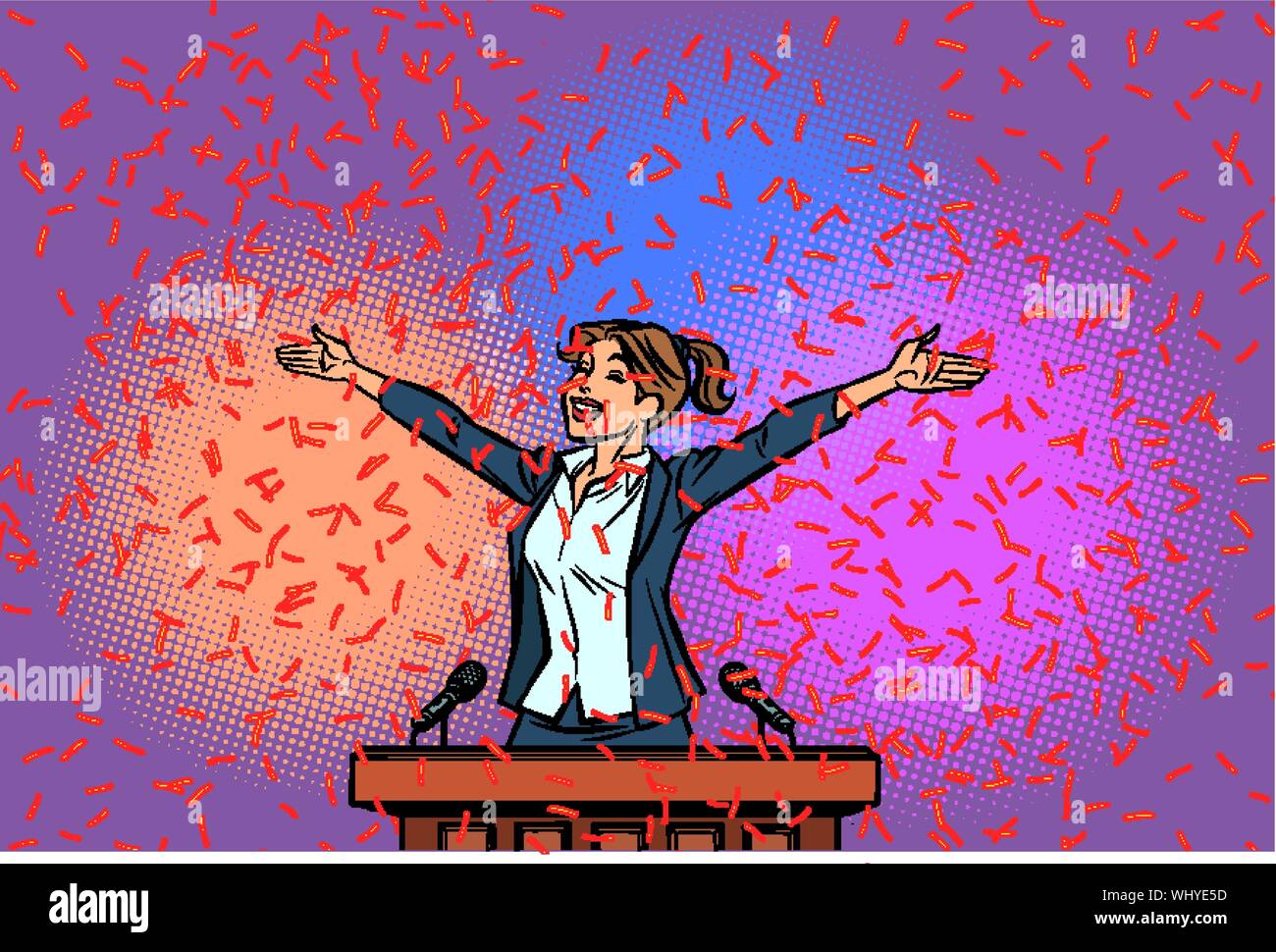 Donne vincitore politico trionfo sul podio. Fumetto cartoon arte pop retrò illustrazione del disegno a mano Illustrazione Vettoriale