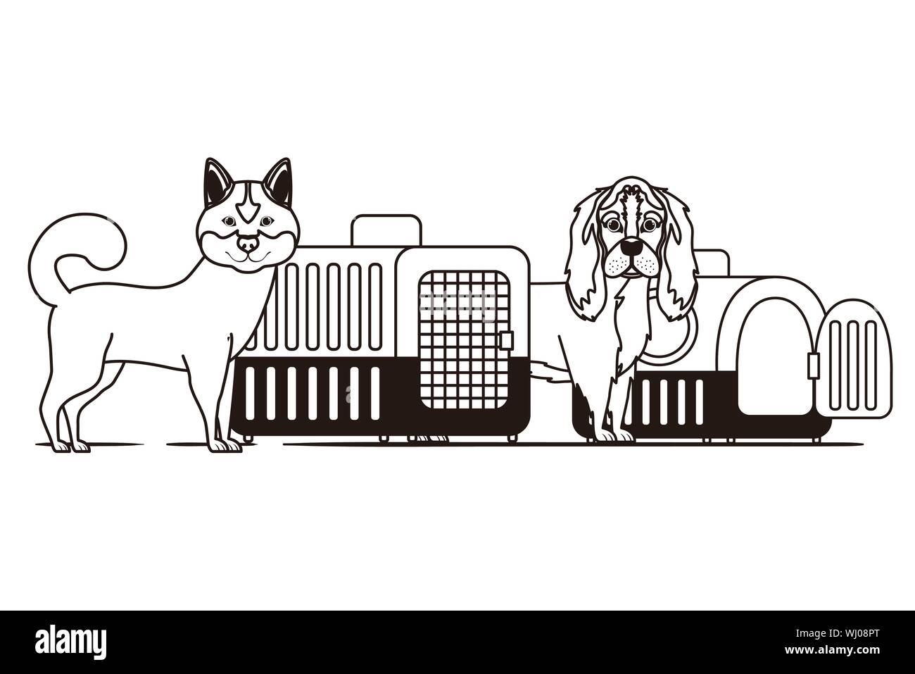 Silhouette di cani e animali scatole di trasporto su sfondo bianco Illustrazione Vettoriale