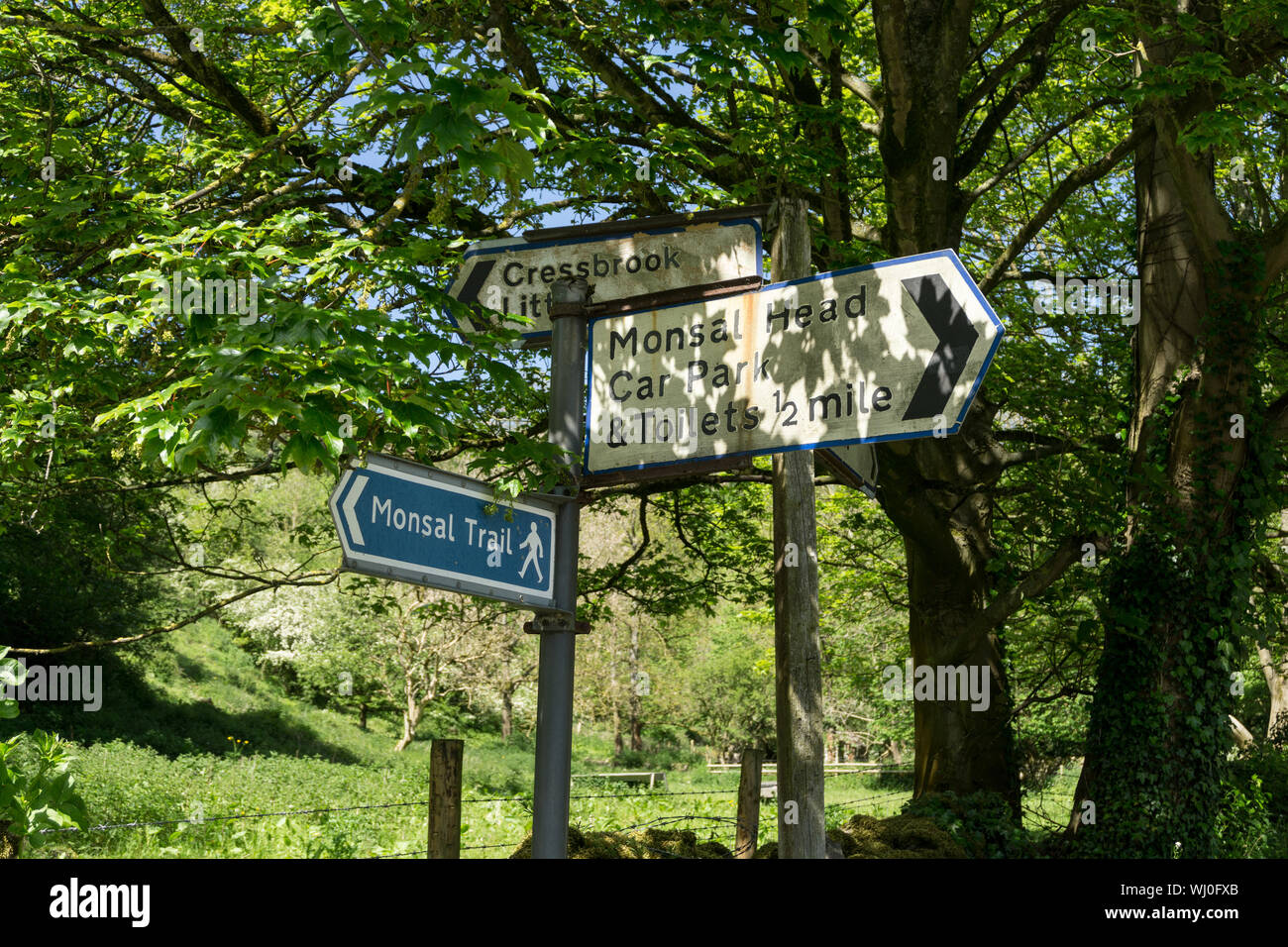 Segnaletica stradale e il sentiero segno, Monsal Dale, Peak District, Derbyshire, Regno Unito Foto Stock