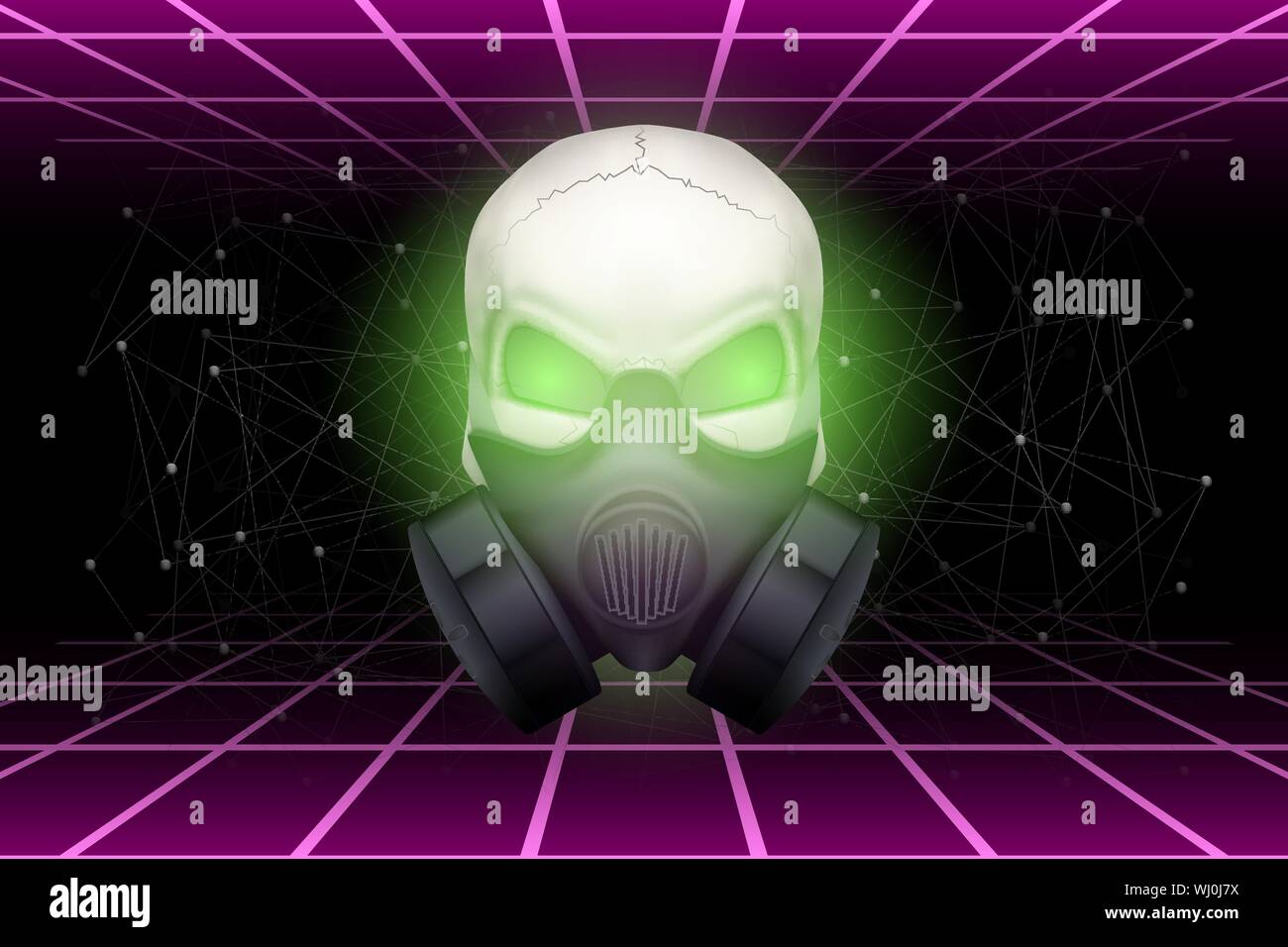 Futuro cyberpunk synthwave sfondo. Cranio con gasmask sul futuro stile retrò sfondo con linee e spazio. Illustrazione Vettoriale Illustrazione Vettoriale