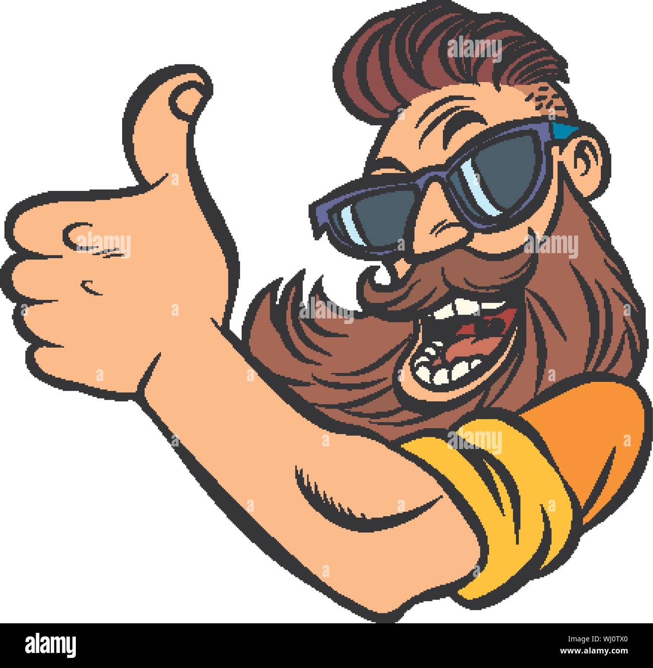 Hipster uomo barbuto pollice in alto. Fumetto cartoon arte pop retrò illustrazione vettoriale disegno Illustrazione Vettoriale