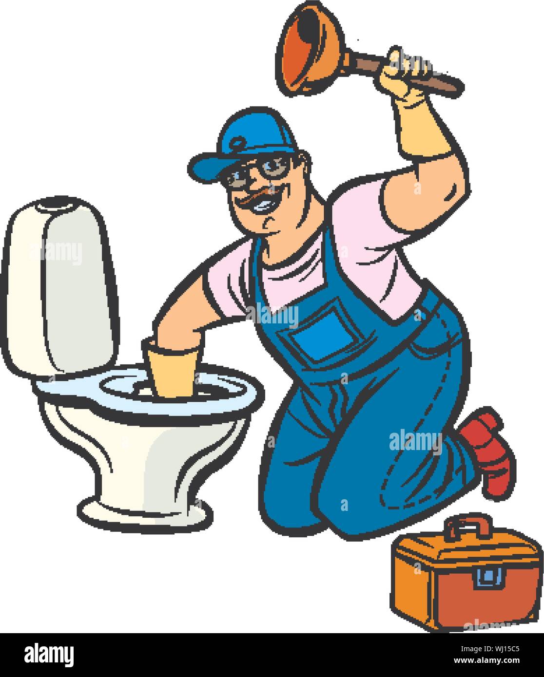 Plumber pulisce il wc. La Pop art retrò illustrazione vettoriale disegno Illustrazione Vettoriale