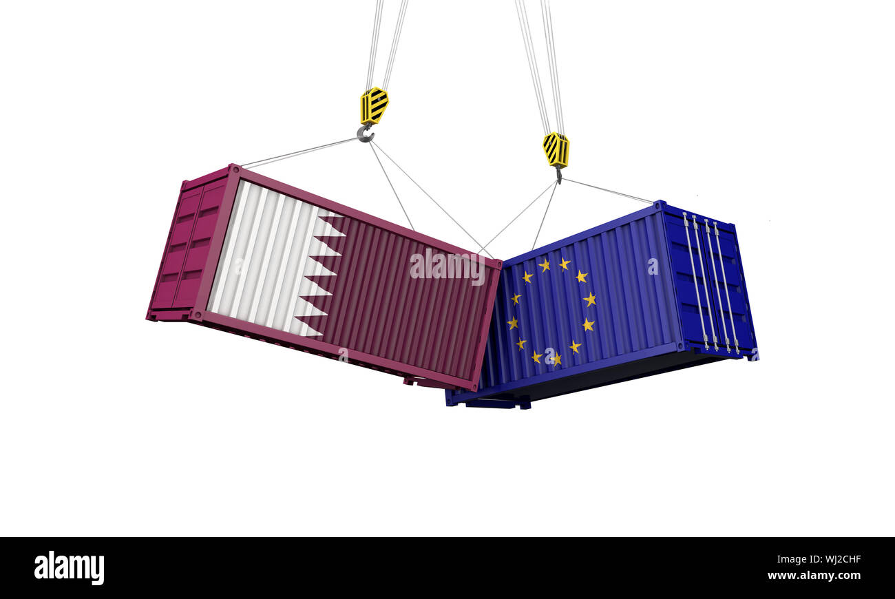 Il Qatar e il commercio in Europa il concetto di guerra. Contrapporsi ai contenitori di carico. 3D Render Foto Stock
