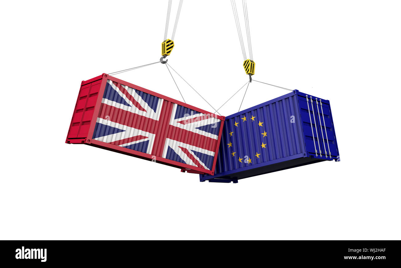 Europa e Regno Unito il commercio il concetto di guerra. Contrapporsi ai contenitori di carico. 3D Render Foto Stock