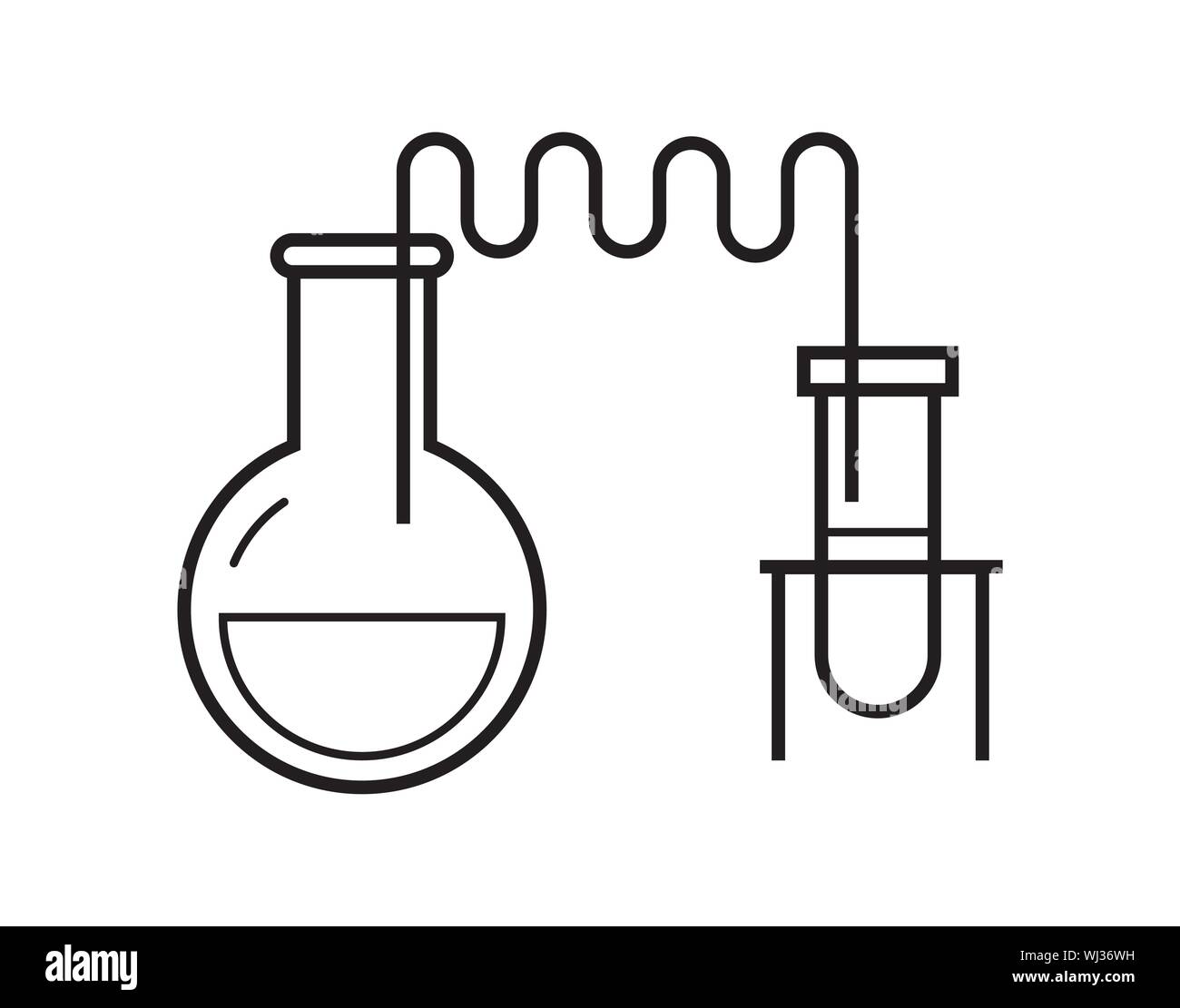Processo di reazione chimica in laboratorio scientifico, costituito da palloni e tubi flessibili. Illustrazione Vettoriale in uno stile della linea. Illustrazione Vettoriale