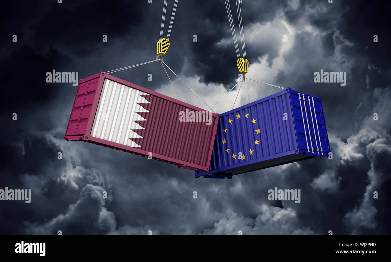 Il Qatar e il commercio in Europa il concetto di guerra. Contrapporsi ai contenitori di carico. 3D Render Foto Stock