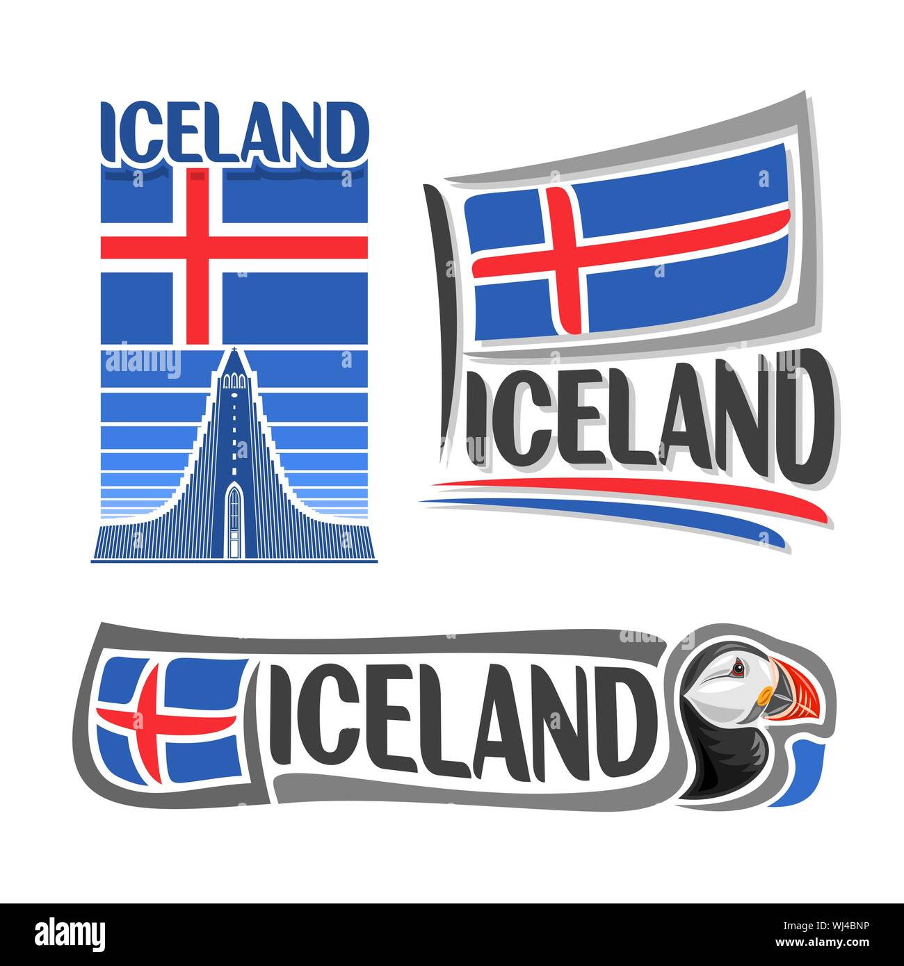 Illustrazione Vettoriale logo per l'Islanda, costituito da 3 illustrazioni isolate: Icelandic National bandiera di stato immagine su Hallgrimskirkja, simbolo di Icel Illustrazione Vettoriale
