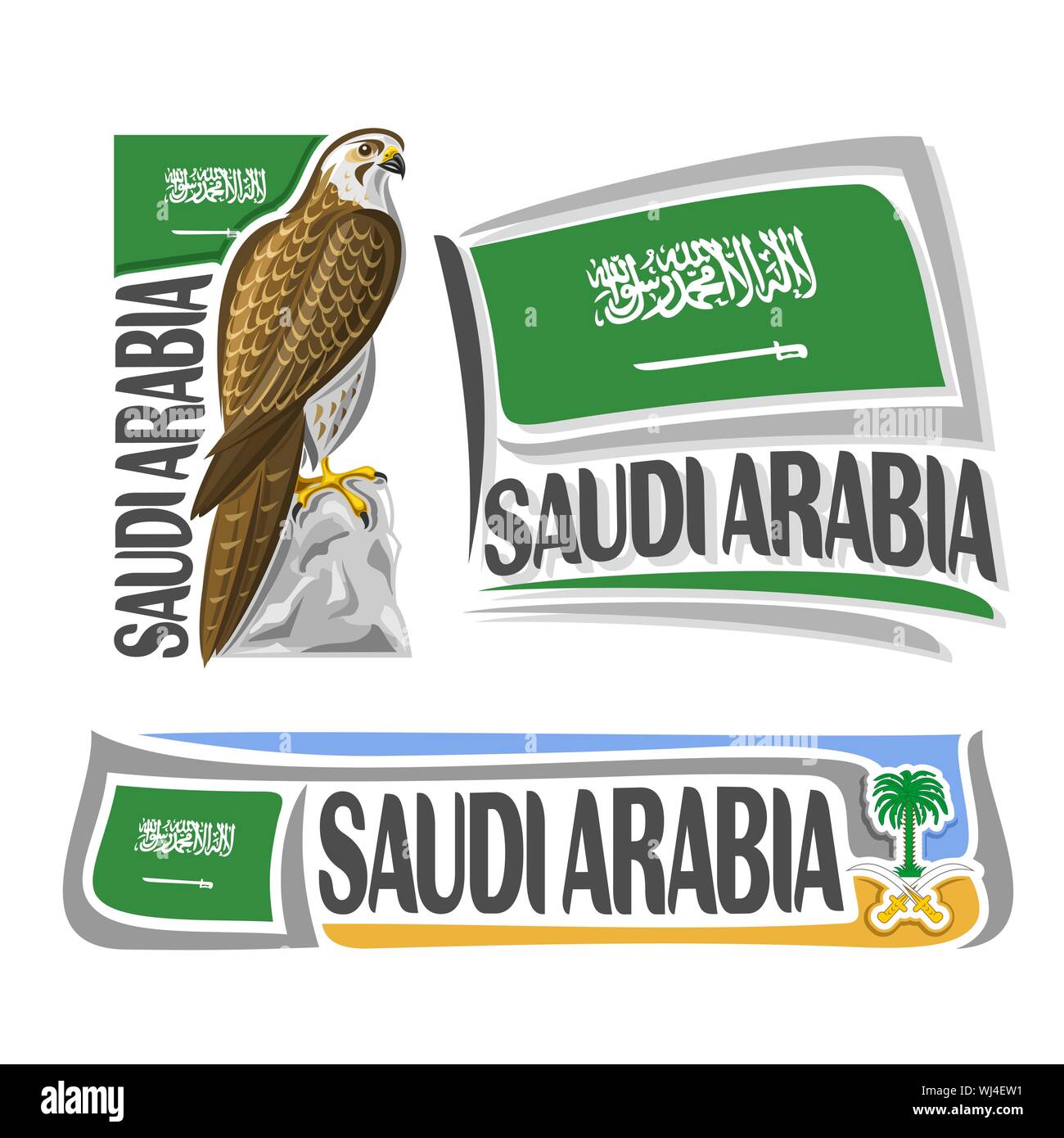 Il logo del vettore per l'Arabia Saudita, 3 isolato le immagini, i banner verticali con Falcon su sfondo di arabian nazionale bandiera di stato. Illustrazione Vettoriale