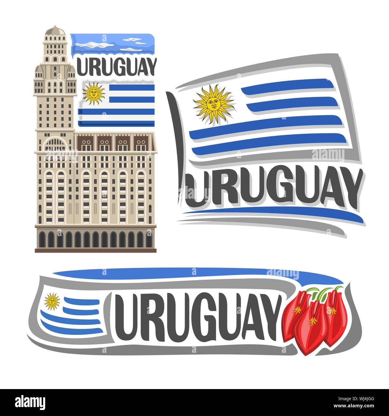 Il logo del vettore per Uruguay, 3 isolato immagini: palazzo salvo a Montevideo su stato nazionale Bandiera uruguayana e ceibo fiori. Illustrazione Vettoriale