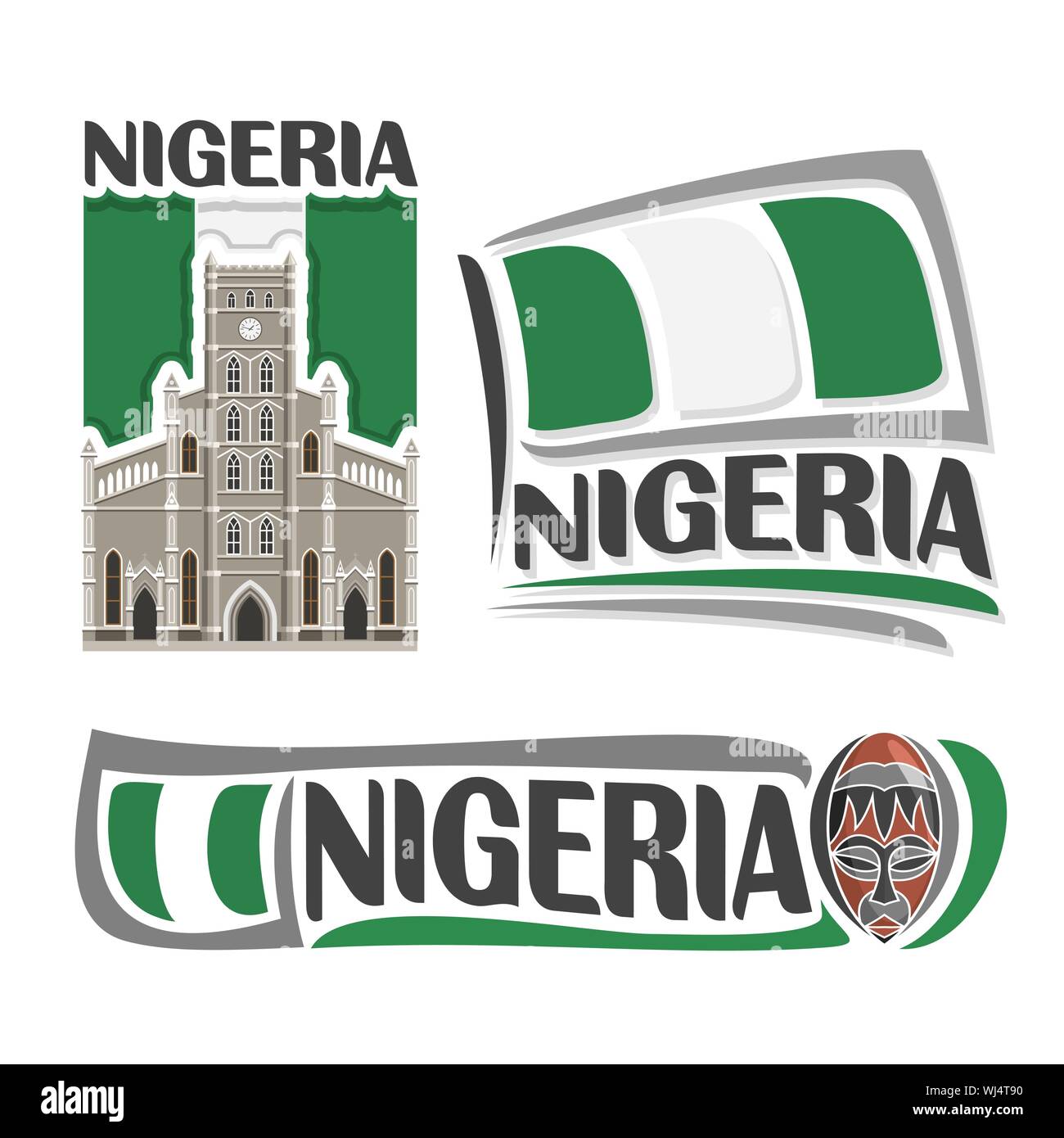 Il logo del vettore per la Nigeria, 3 isolato immagini: chiesa cattedrale Cristo a Lagos su sfondo di stato nazionale Bandiera e souvenir maschera di legno. Illustrazione Vettoriale