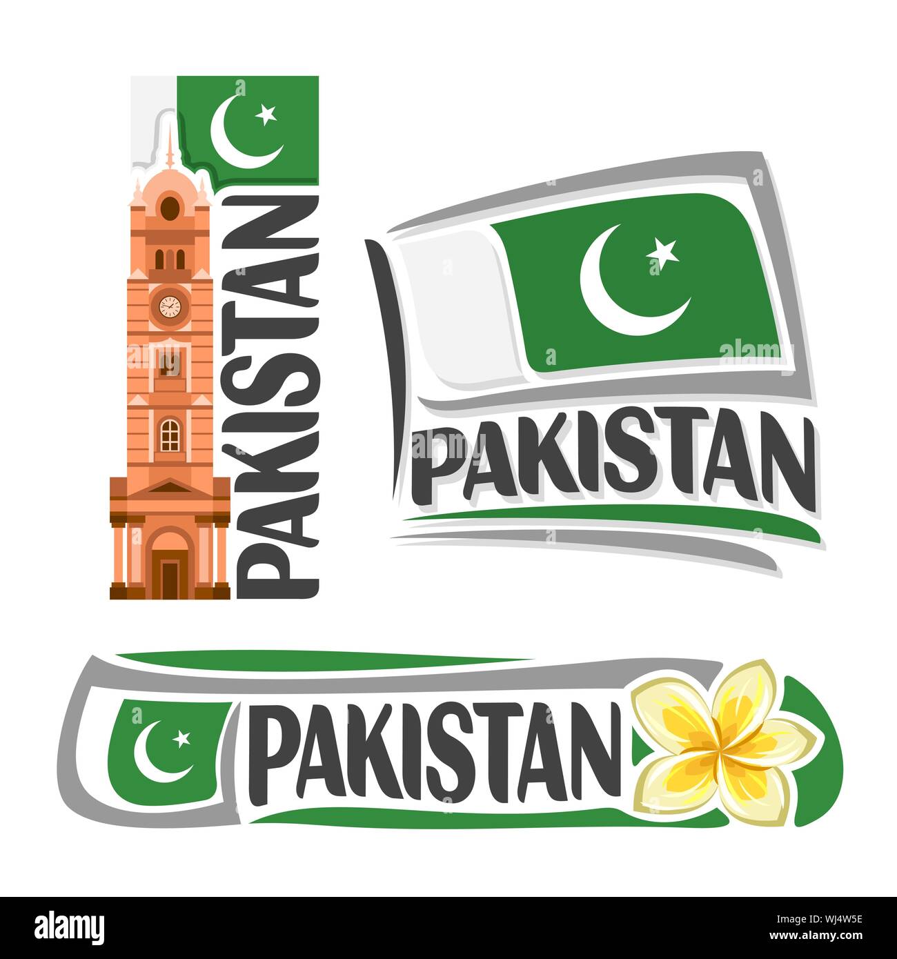 Il logo del vettore per il Pakistan, 3 isolato immagini: banner verticali con faisalabad torre dell orologio sulla nazionale pakistana flag di stato e fiori di gelsomino o frangi Illustrazione Vettoriale
