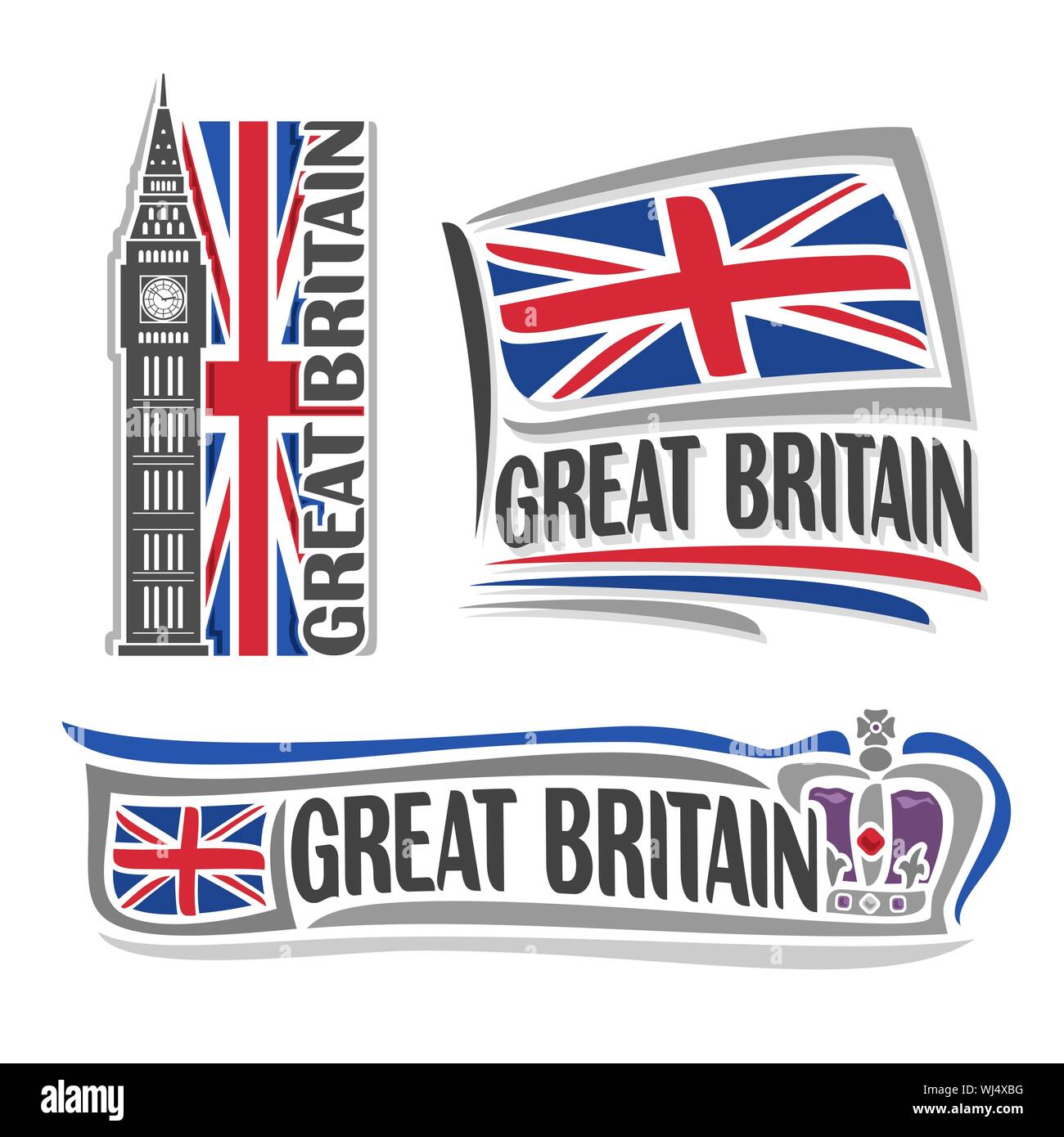 Illustrazione Vettoriale logo per Gran Bretagna architettura, 3 illustrazioni isolate: bandiera Union Jack con il Big Ben, inglese britannico simbolo del Regno re Illustrazione Vettoriale