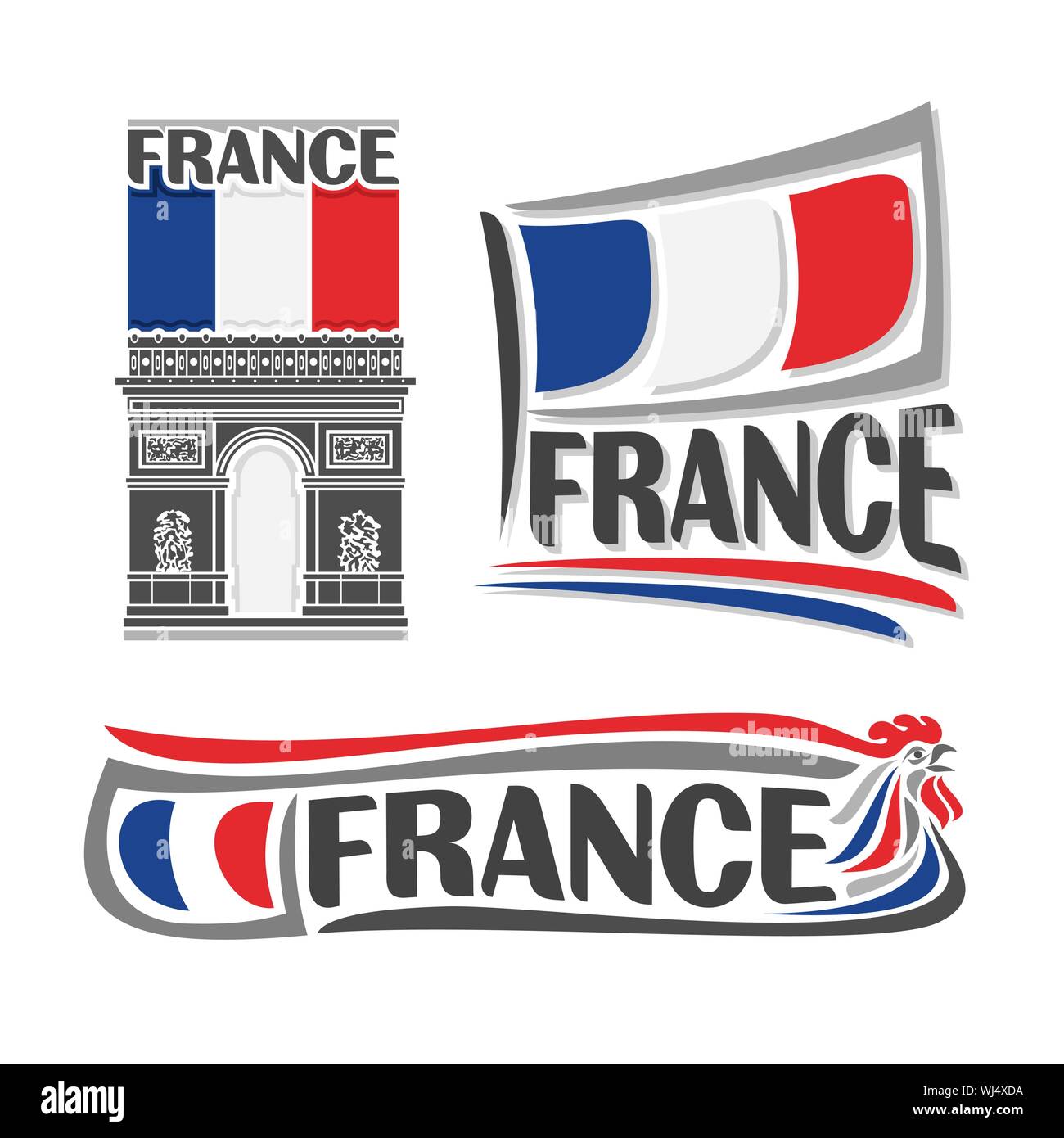 Illustrazione Vettoriale del logo per la Francia, 3 illustrazioni isolate: nazionale francese di flag di stato del Arc de Triomphe, simbolo orizzontale di architetto in Francia Illustrazione Vettoriale