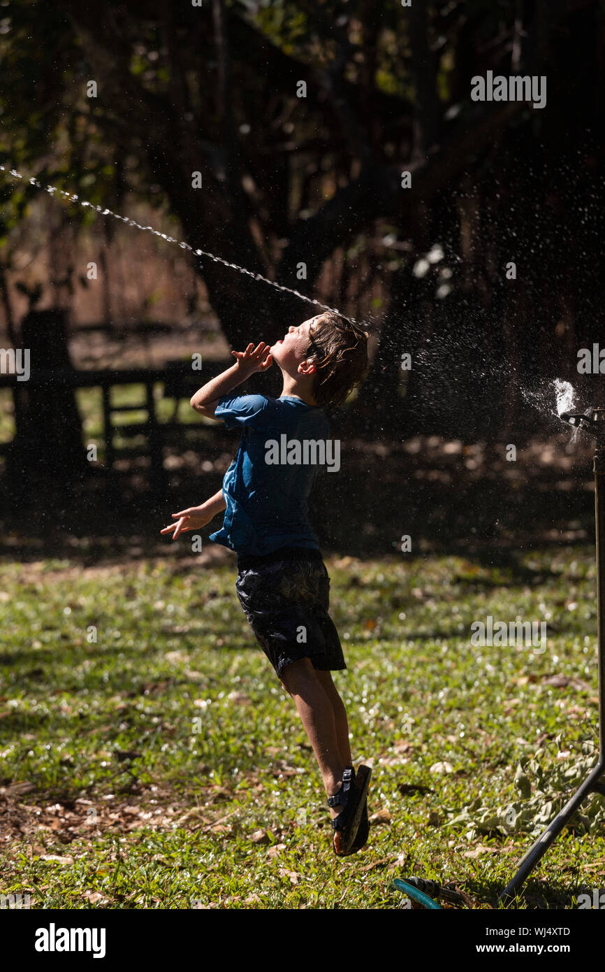Carefree boy jumping fino in impianti sprinkler nel soleggiato cortile posteriore Foto Stock