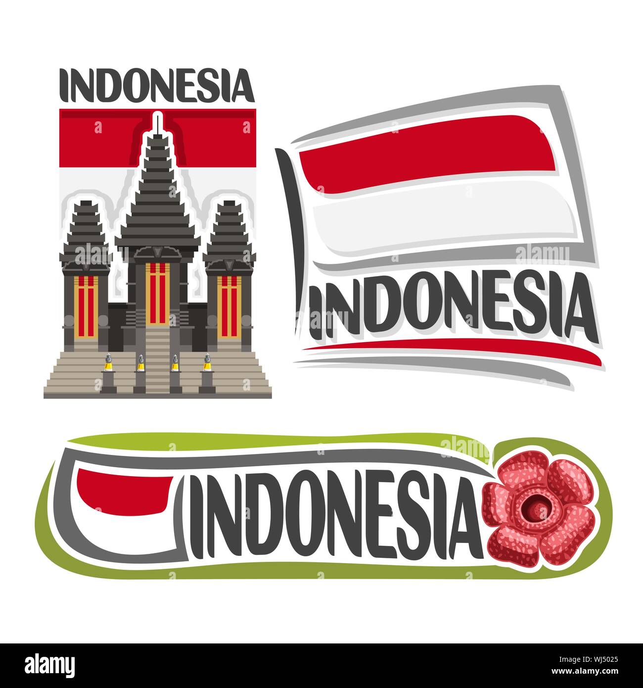 Il logo del vettore per l'Indonesia, 3 isolato immagini: banner verticali con Pura Luhur ri su sfondo di nazionale indonesiano flag di stato e simbolo di indo Illustrazione Vettoriale