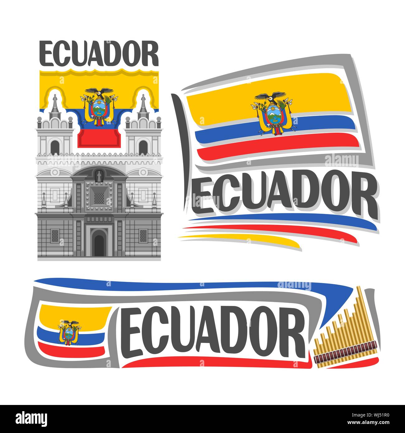Il logo del vettore per l'Ecuador, 3 isolato immagini: chiesa di San Francesco a Quito il stato nazionale Bandiera ecuadoriana e musica rondador. Illustrazione Vettoriale